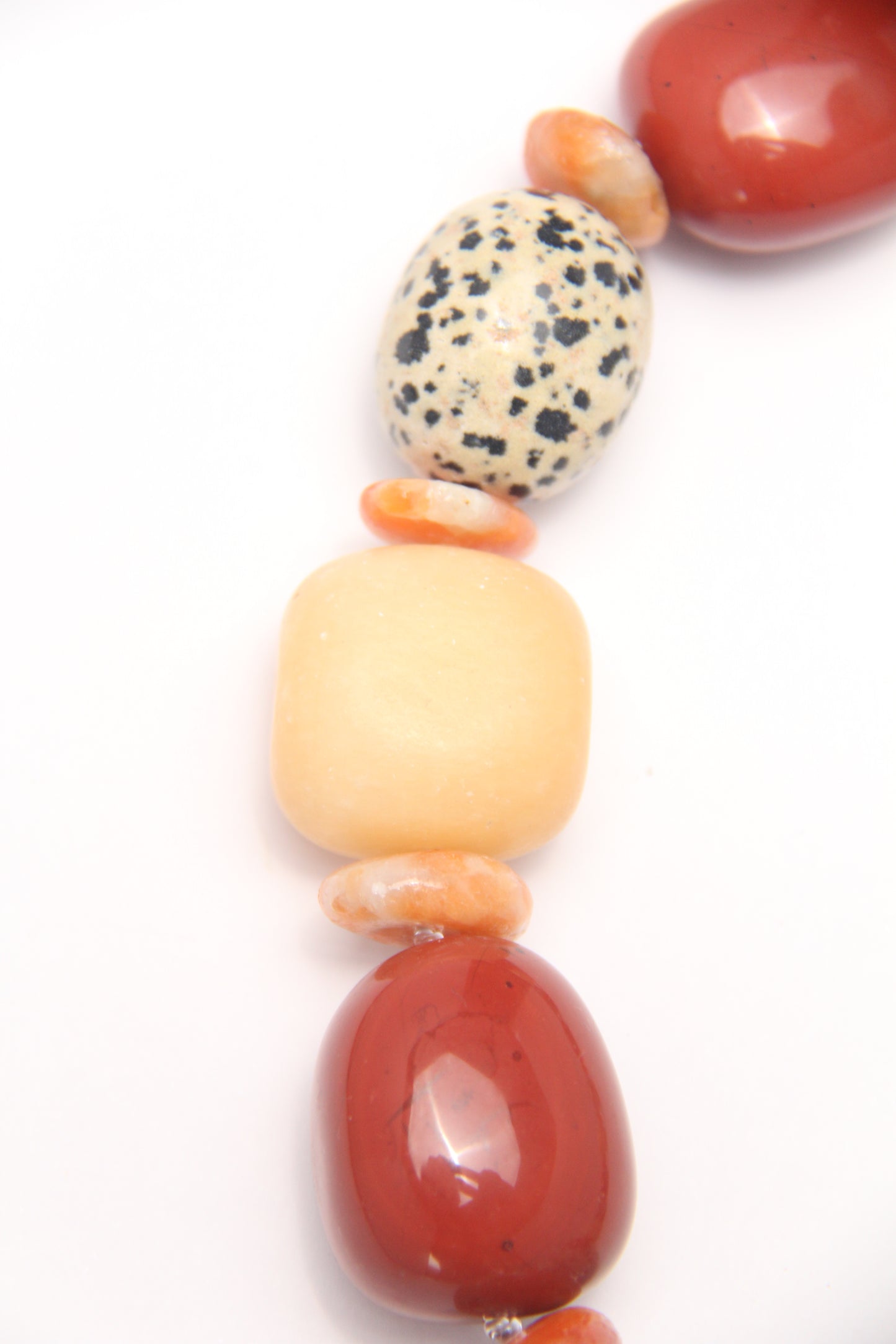 Necklace: red jasper stone, cream yellow onyx, dalmatian jasper