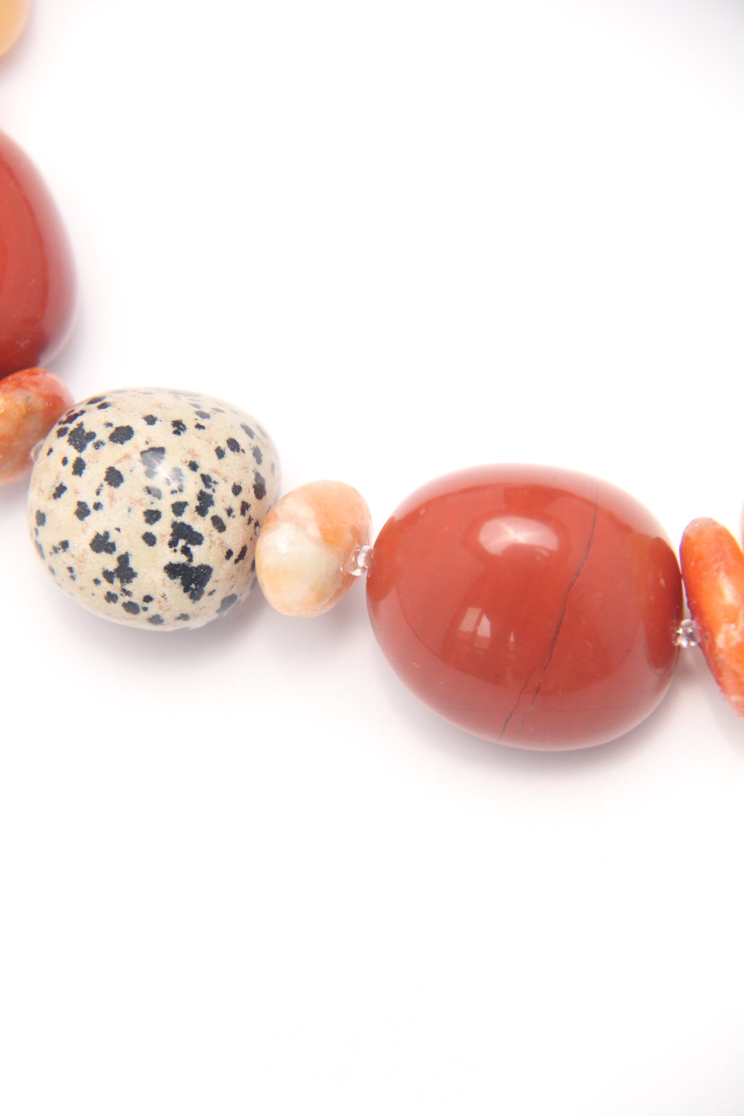 Necklace: red jasper stone, cream yellow onyx, dalmatian jasper