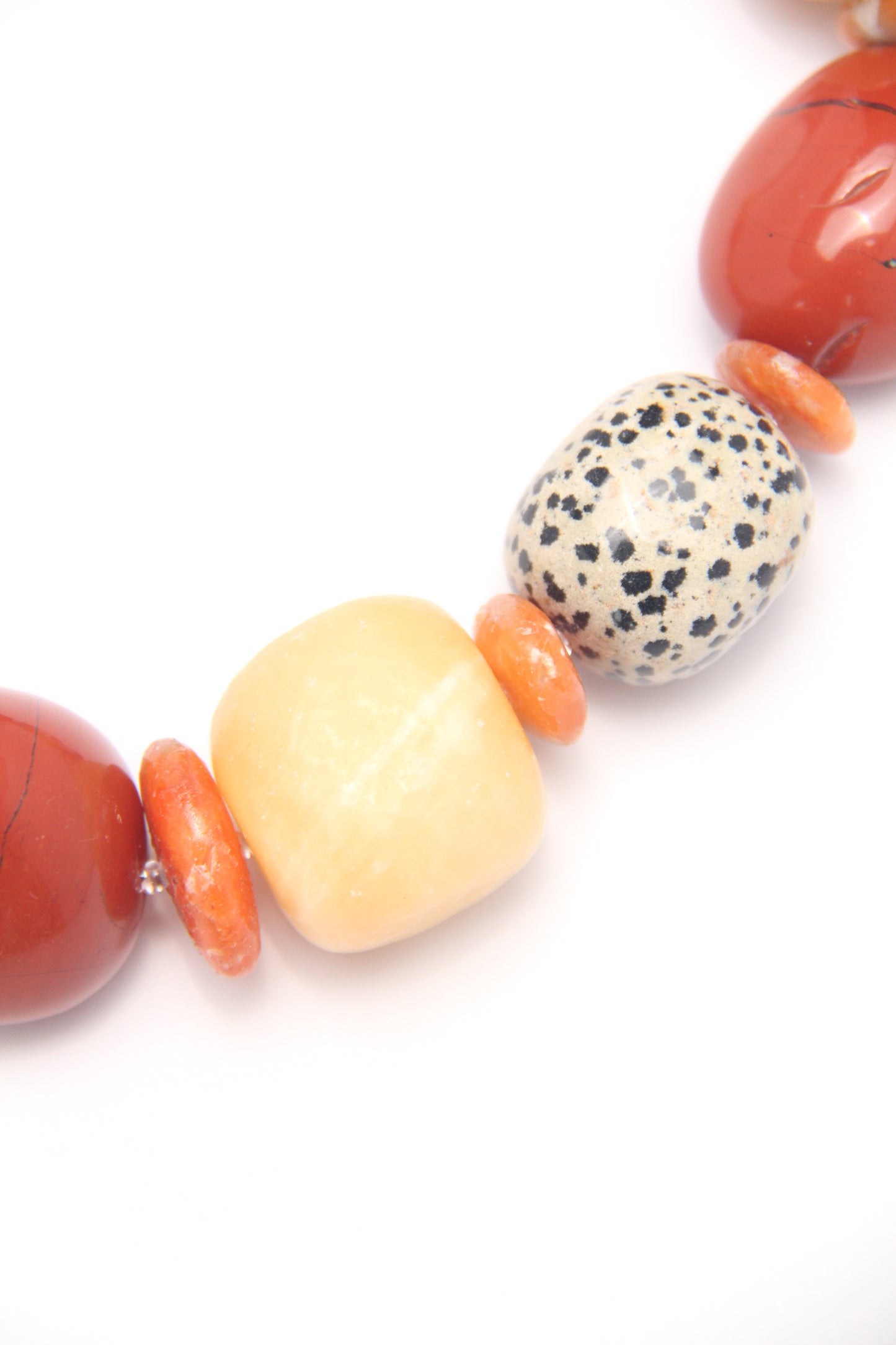 Necklace: red jasper stone, cream yellow onyx, dalmatian jasper