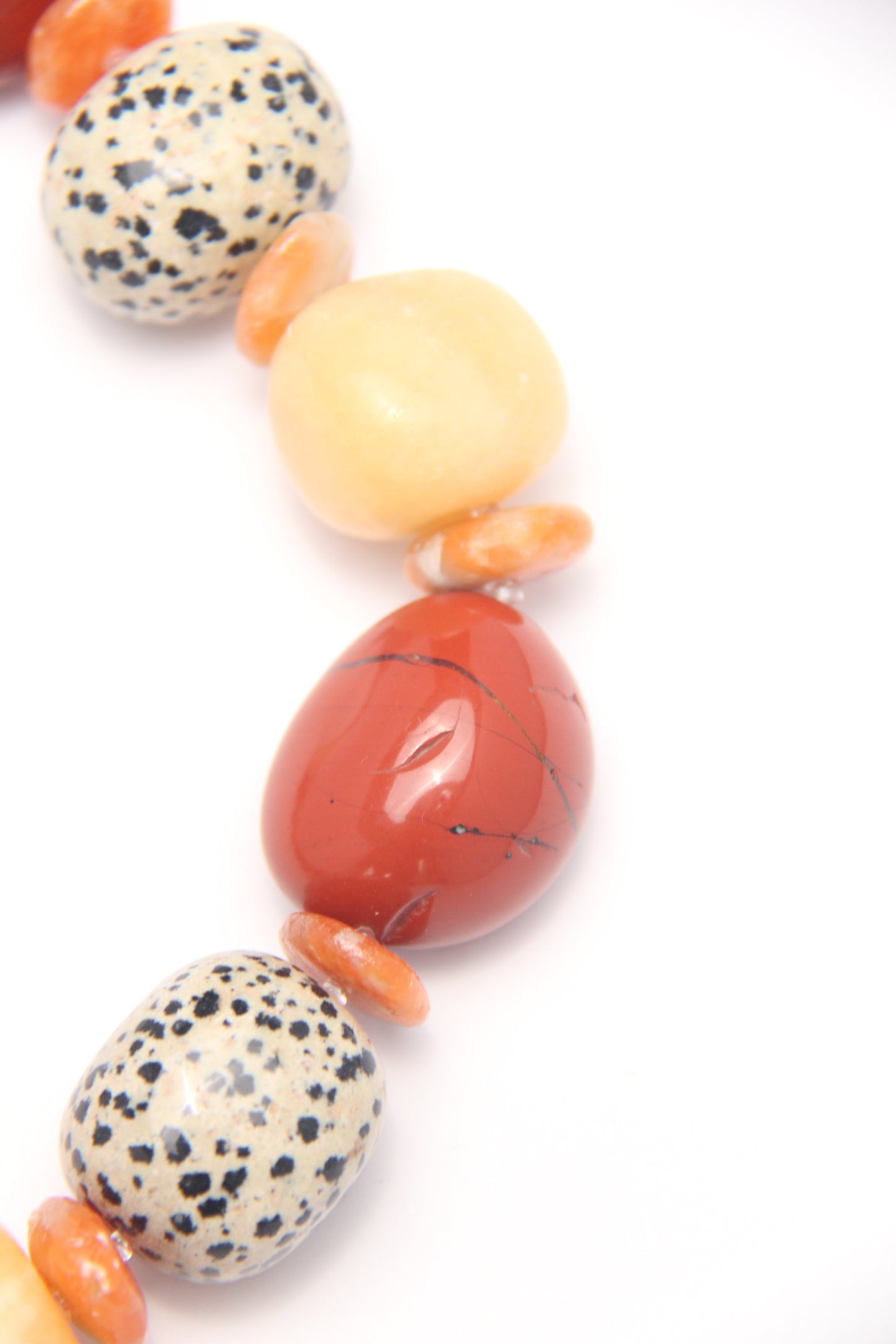 Necklace: red jasper stone, cream yellow onyx, dalmatian jasper