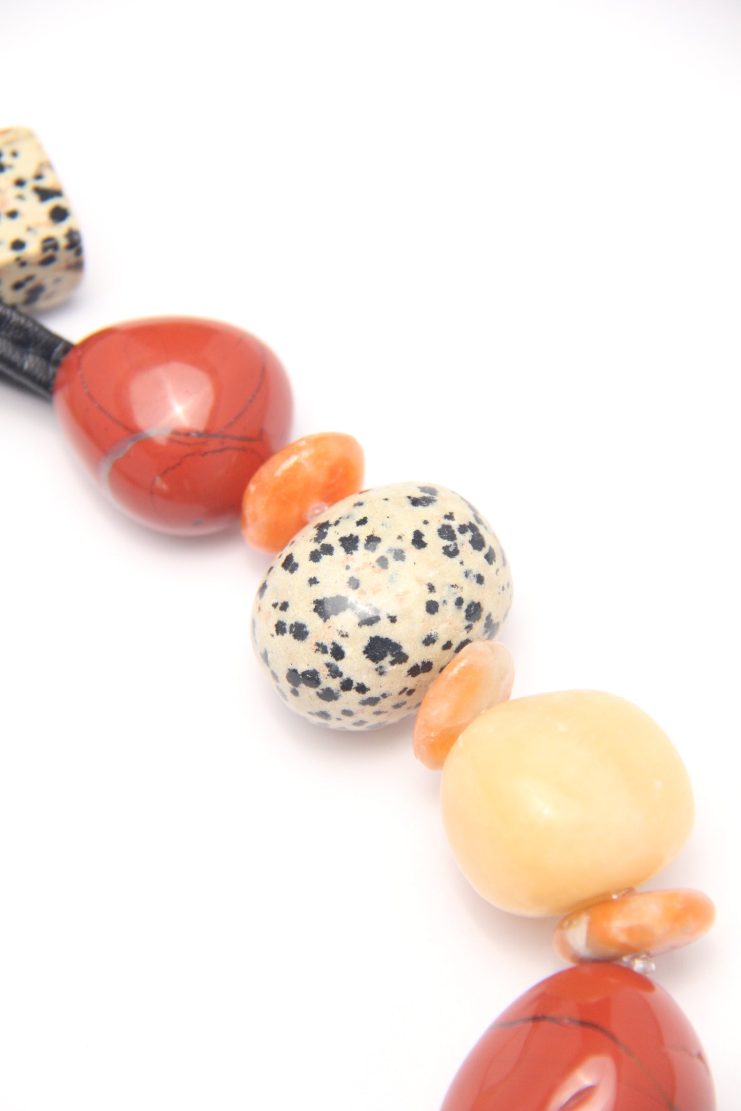 Necklace: red jasper stone, cream yellow onyx, dalmatian jasper