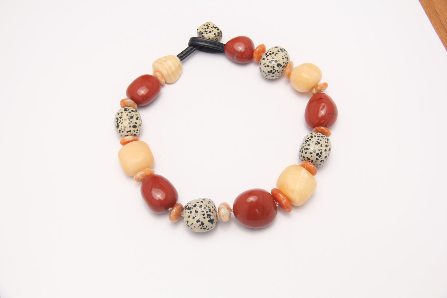 Necklace: red jasper stone, cream yellow onyx, dalmatian jasper