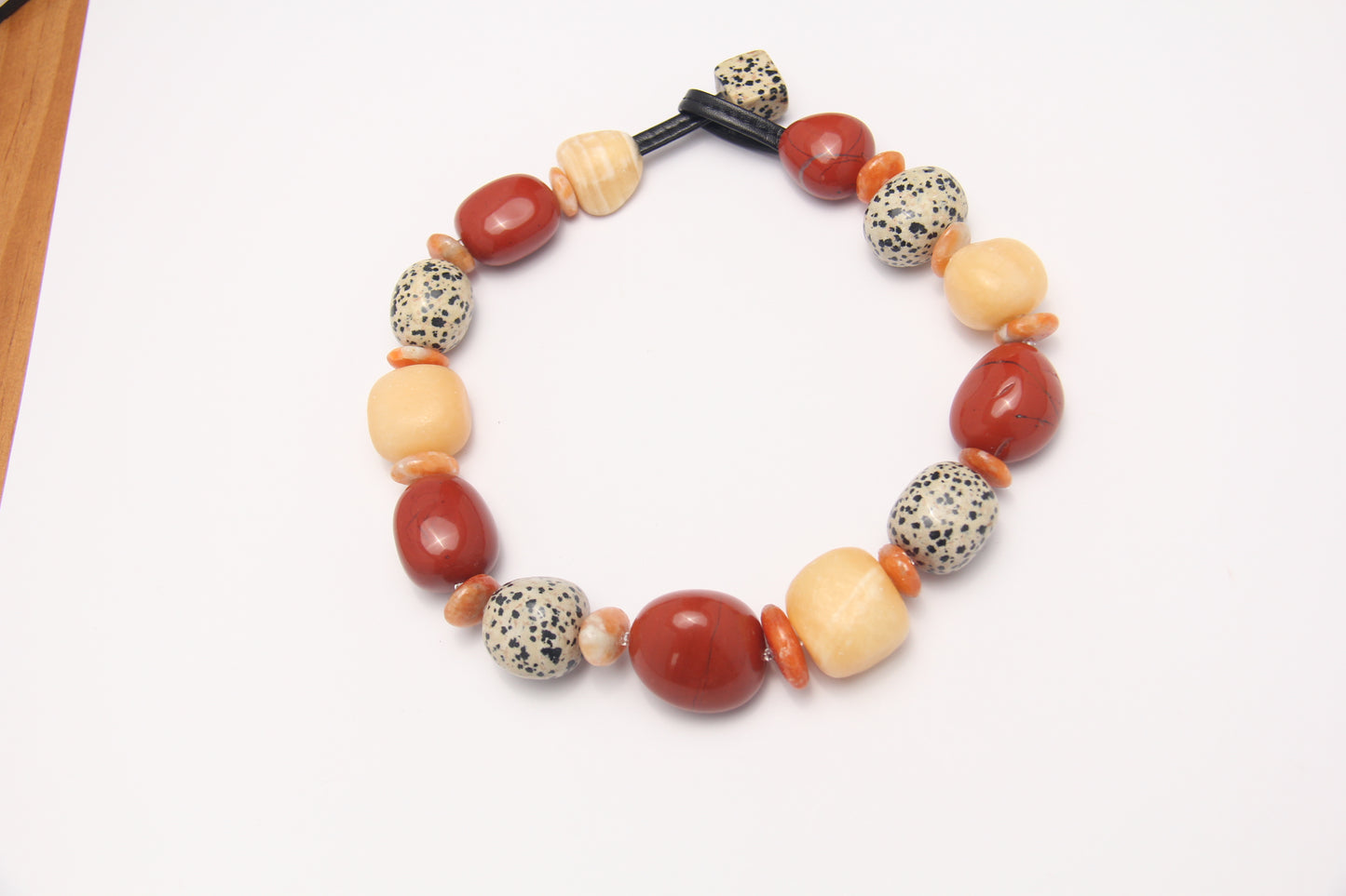 Necklace: red jasper stone, cream yellow onyx, dalmatian jasper