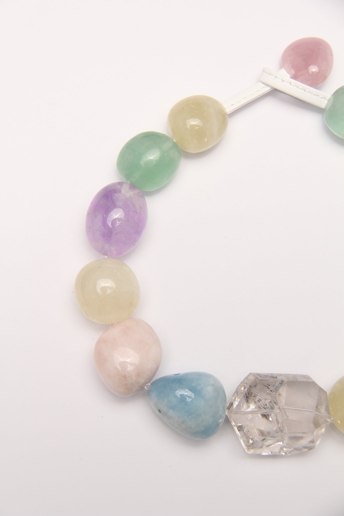 Necklace: smoky quartz, morganite, citrine, aquamarine, amethyst, fluorite