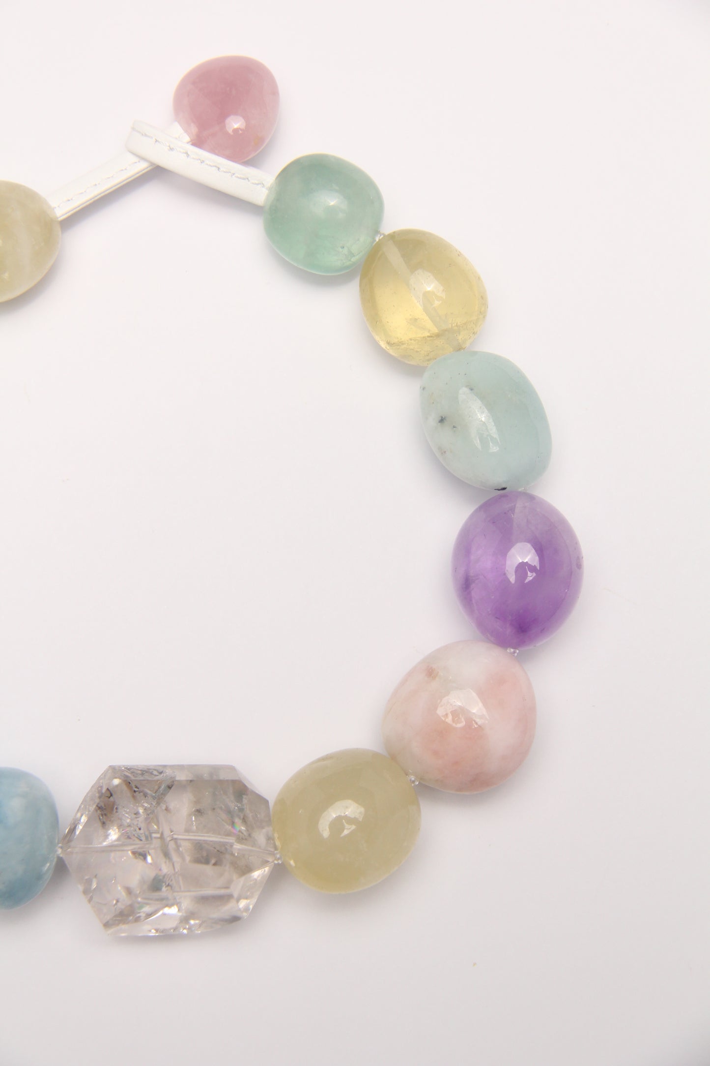 Necklace: smoky quartz, morganite, citrine, aquamarine, amethyst, fluorite