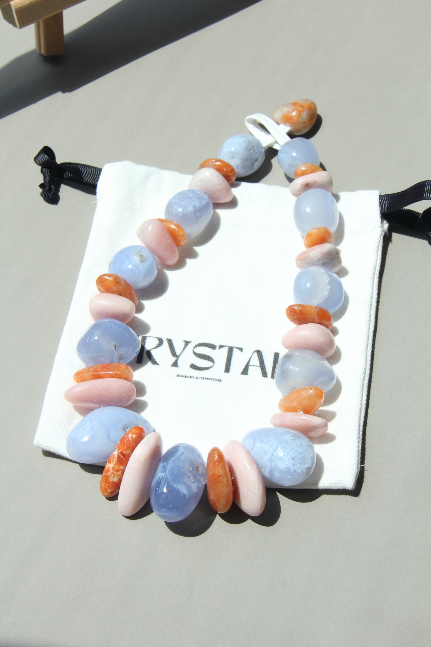 Necklace: blue lace agate, pink opal, calcite