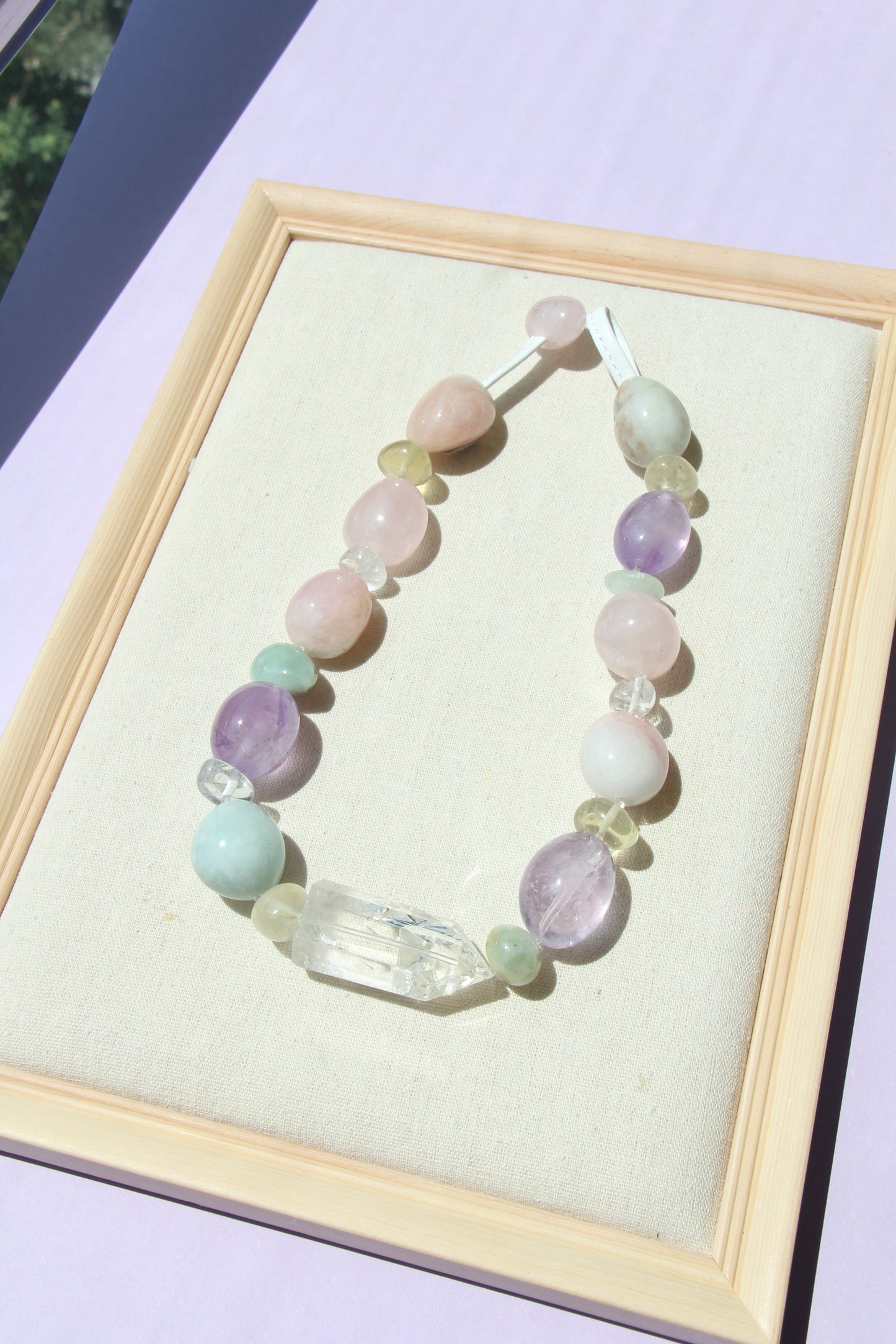 Necklace: quartz, morganite, amethyst, rose quartz, citrine, prehnite