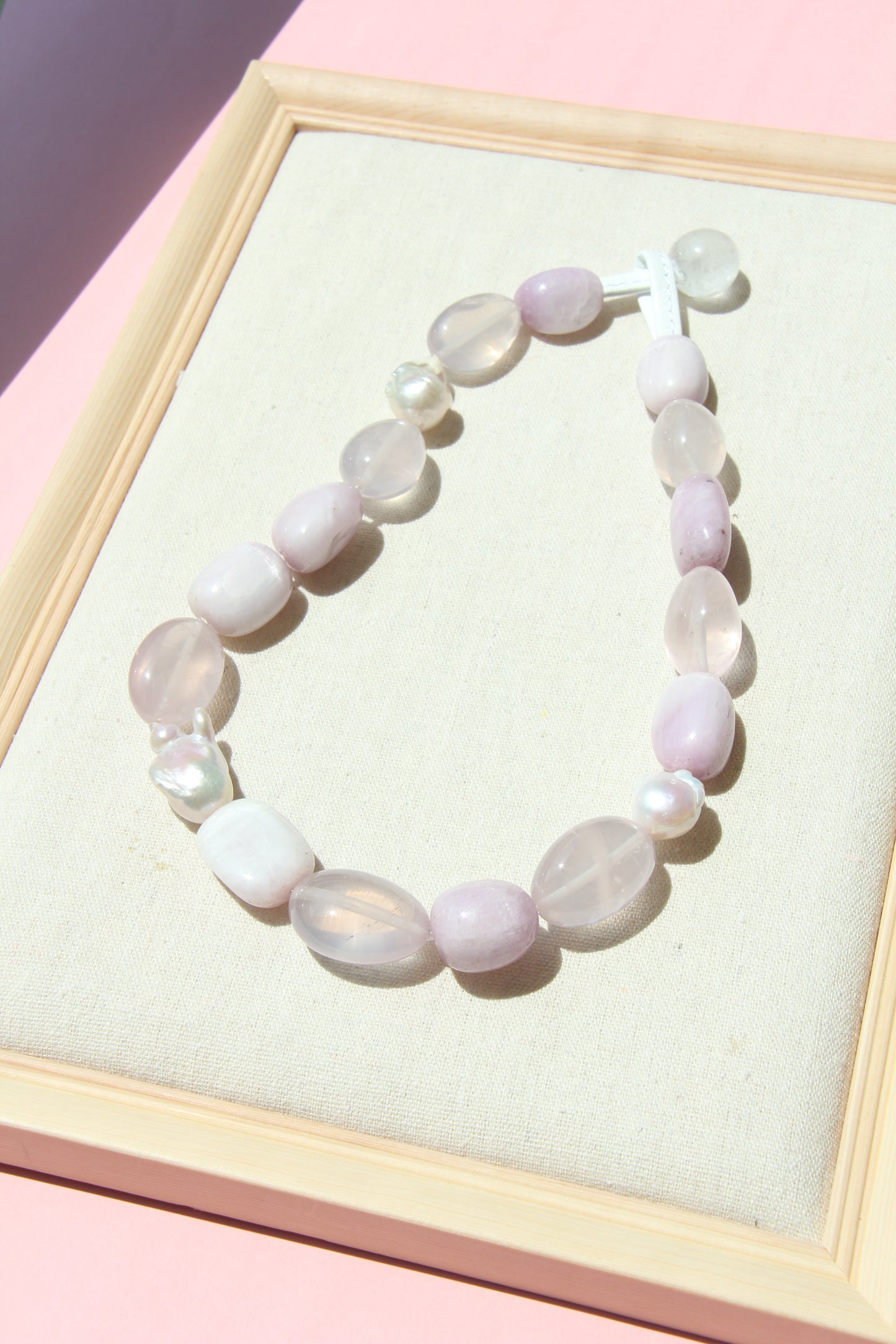 Necklace: kunzite, rose quartz, pearls