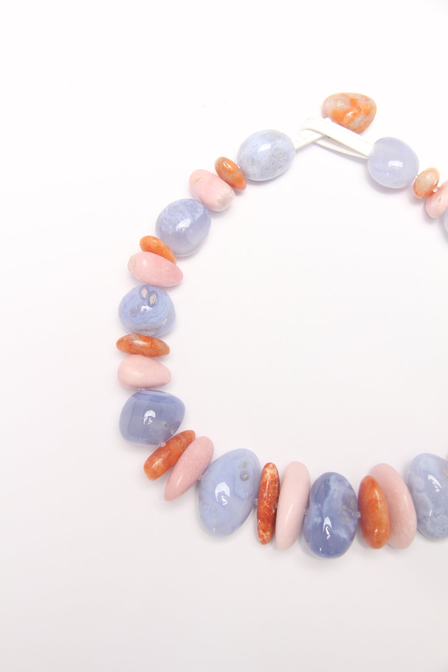 Necklace: blue lace agate, pink opal, calcite