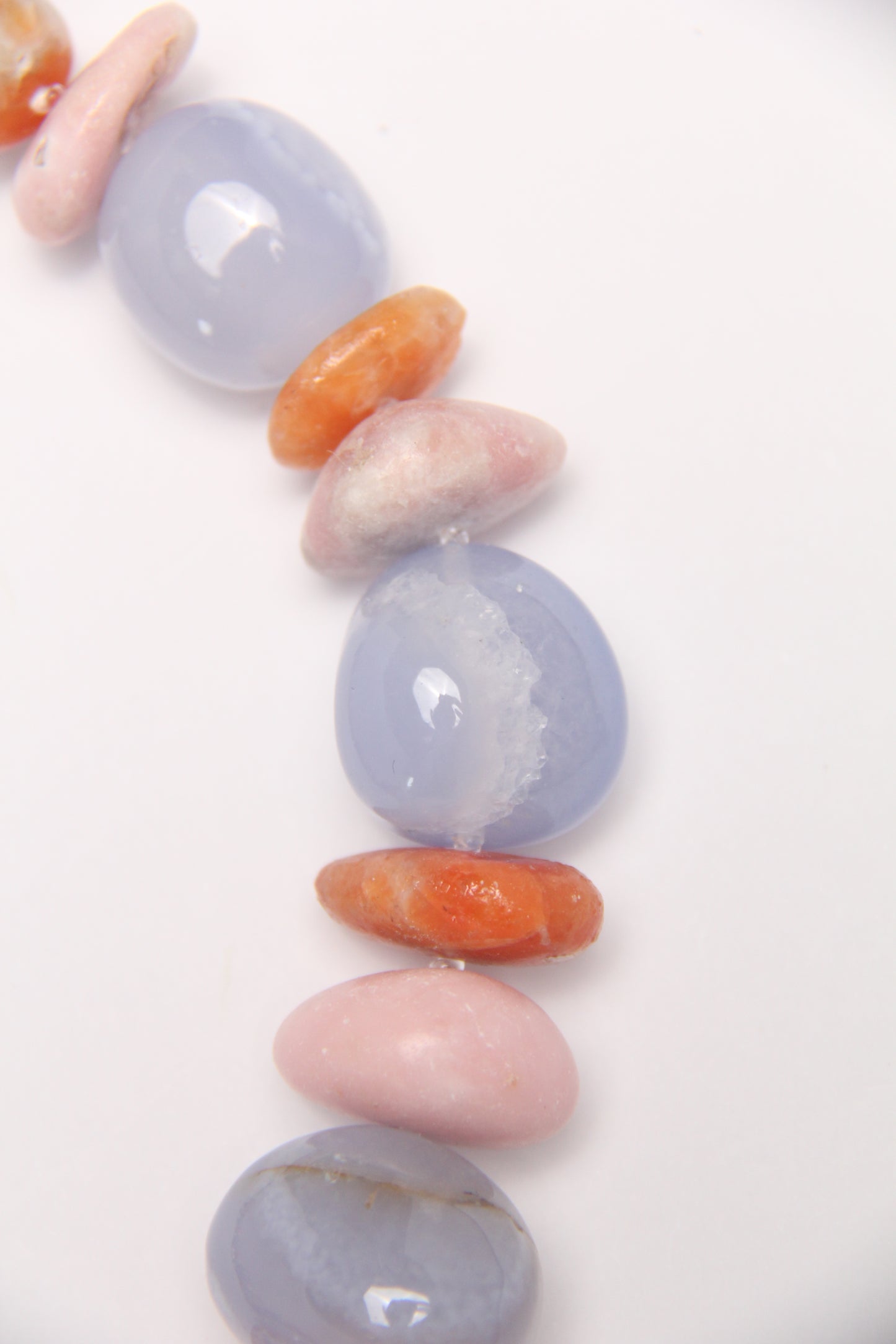 Necklace: blue lace agate, pink opal, calcite