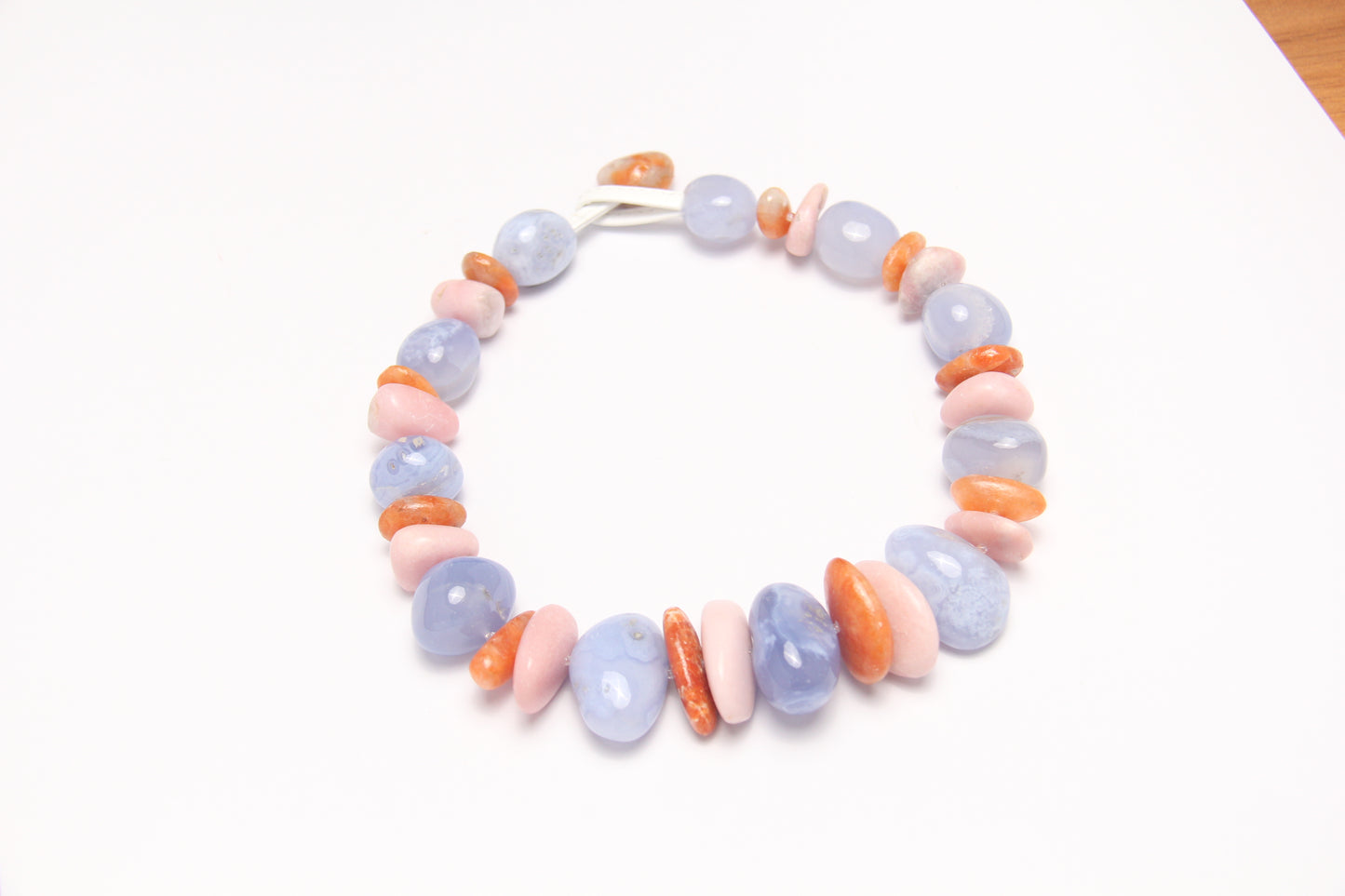 Necklace: blue lace agate, pink opal, calcite