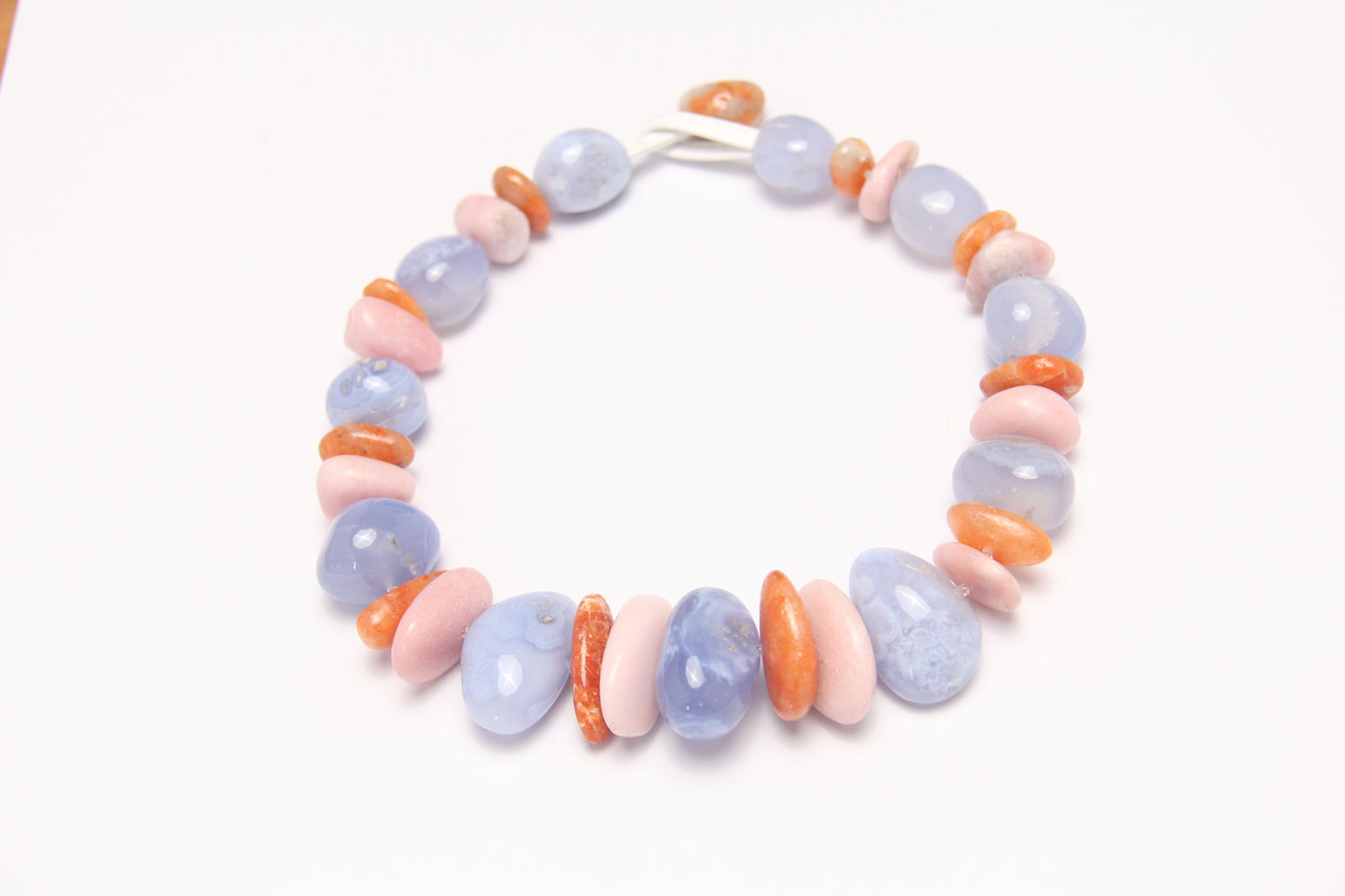 Necklace: blue lace agate, pink opal, calcite