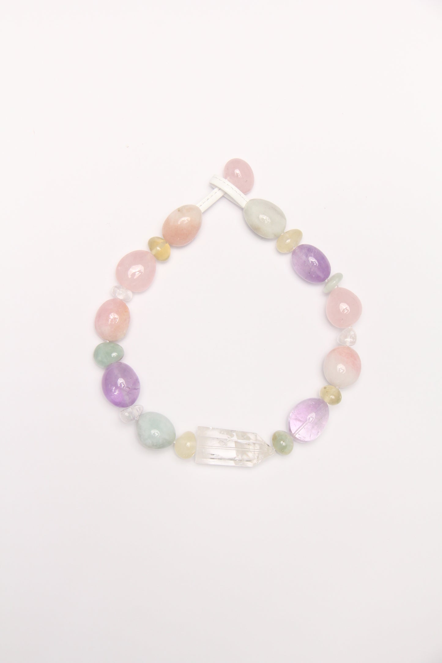 Necklace: quartz, morganite, amethyst, rose quartz, citrine, prehnite