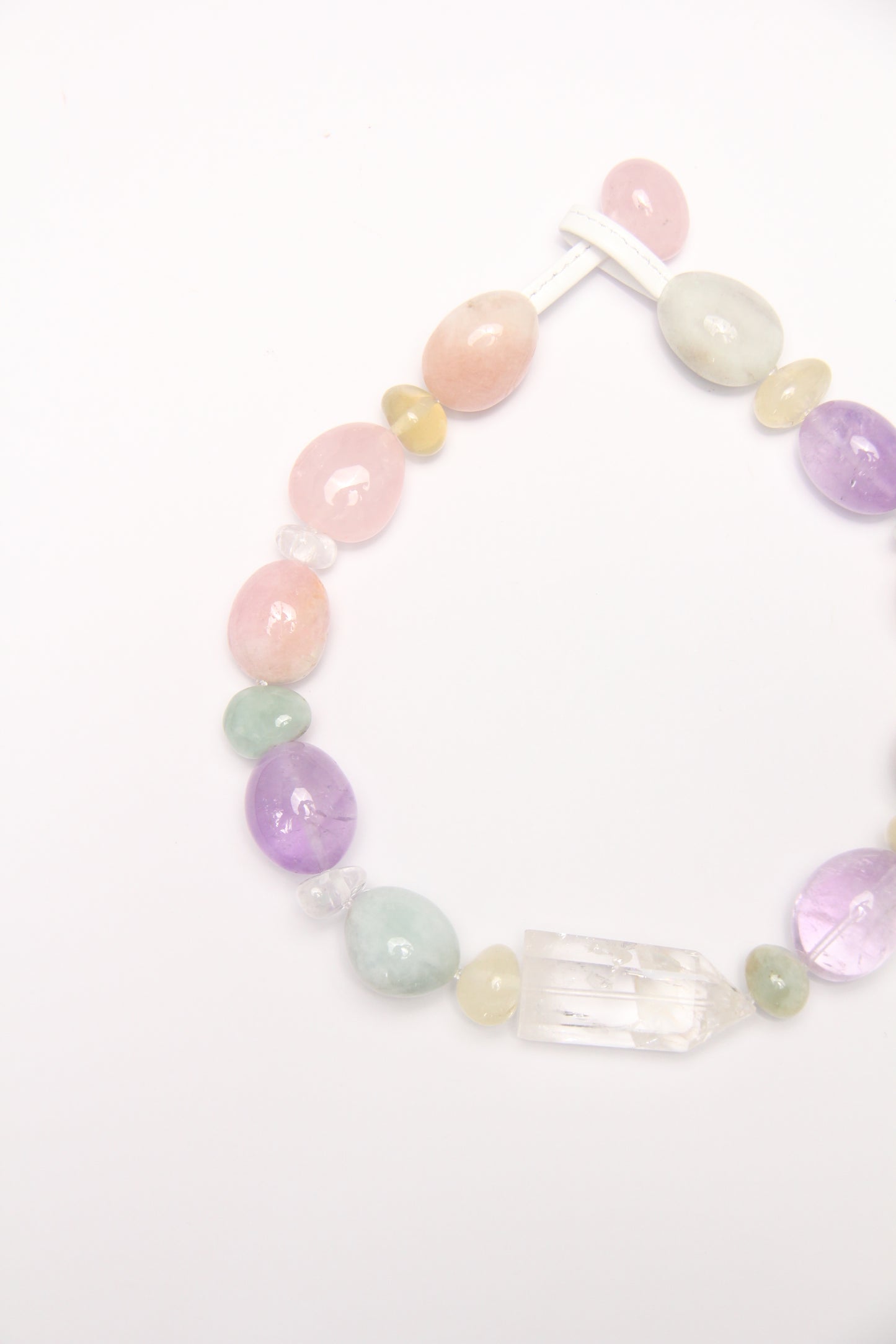 Necklace: quartz, morganite, amethyst, rose quartz, citrine, prehnite