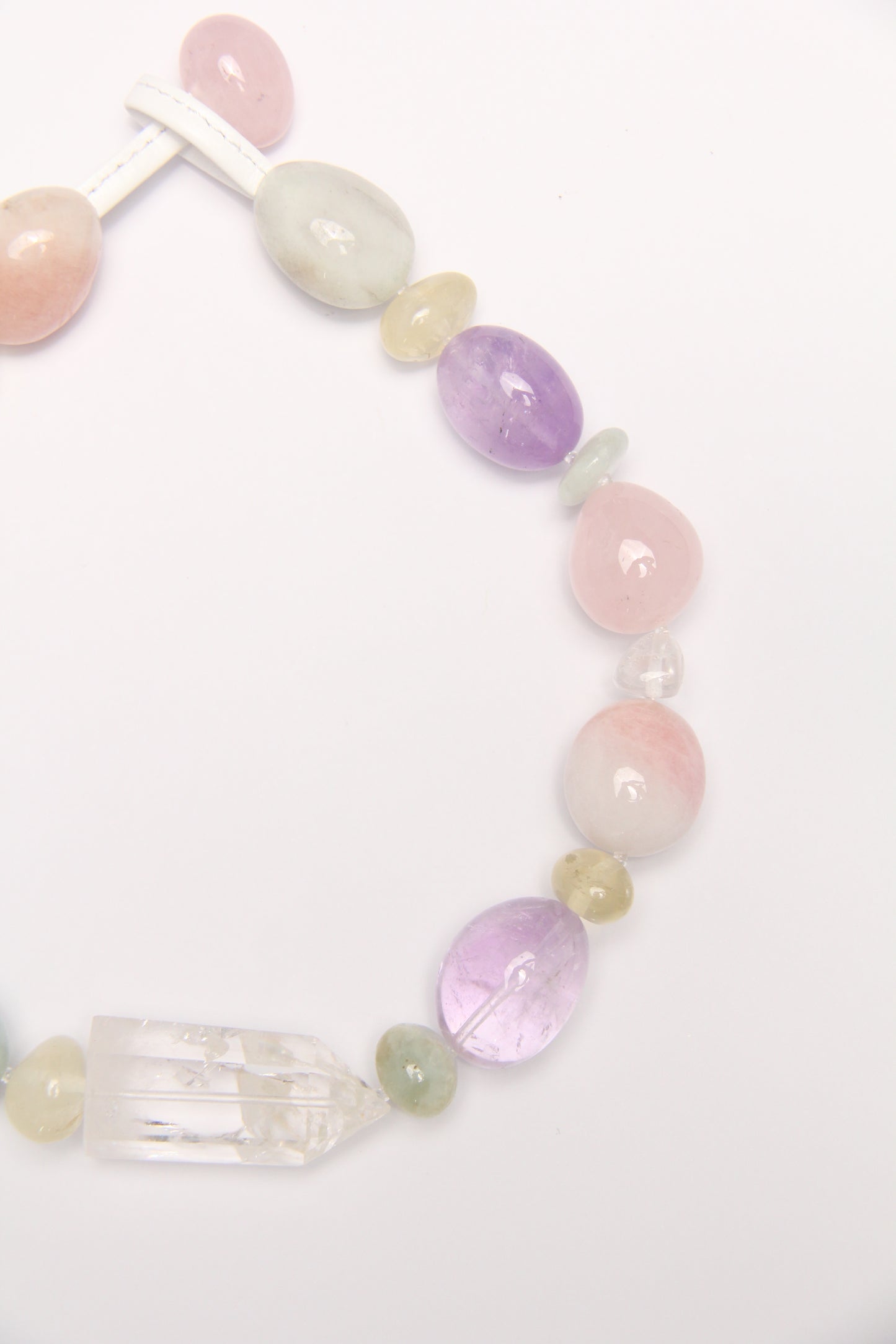 Necklace: quartz, morganite, amethyst, rose quartz, citrine, prehnite