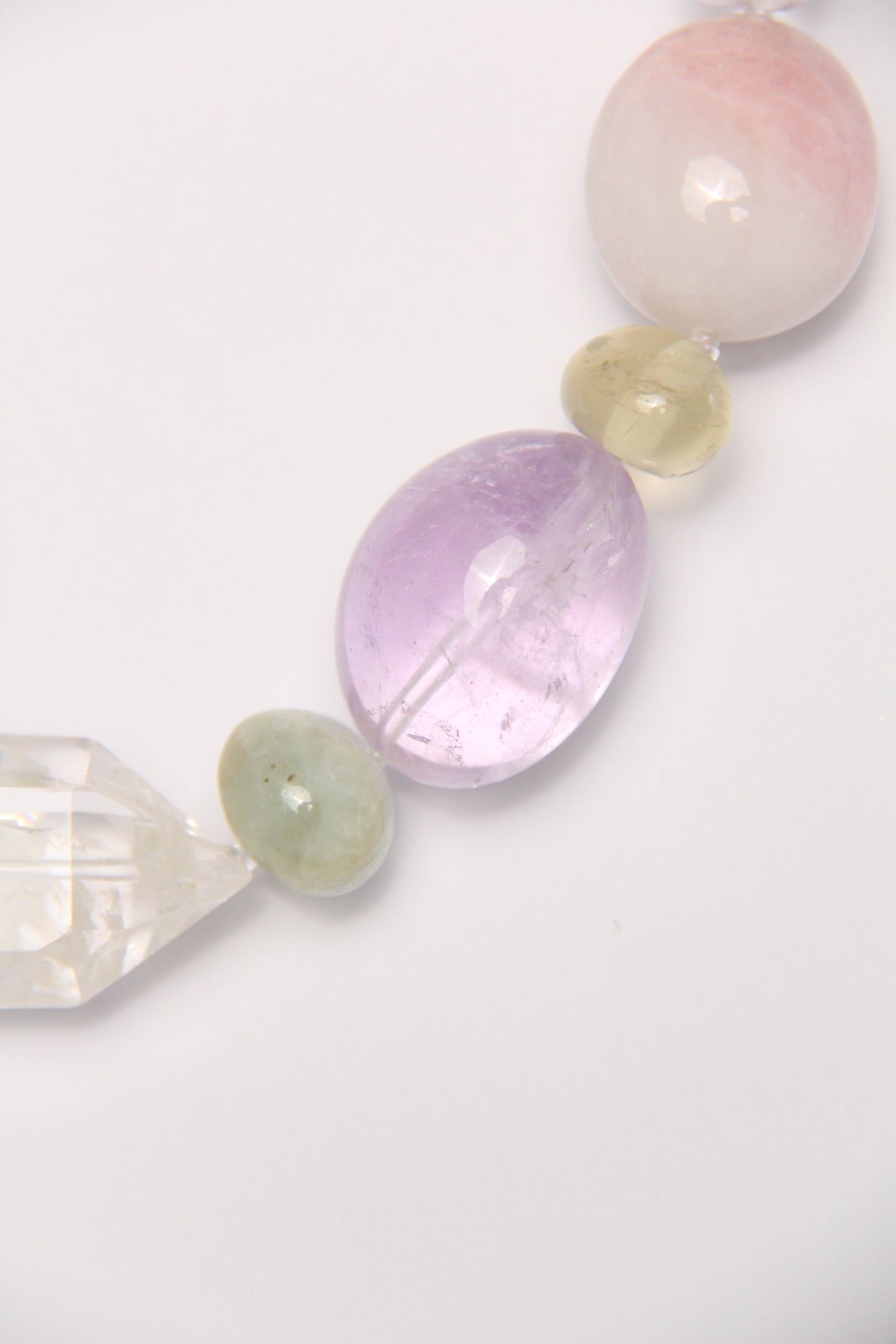 Necklace: quartz, morganite, amethyst, rose quartz, citrine, prehnite