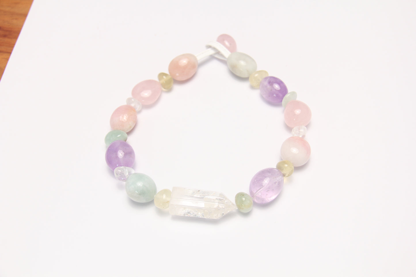 Necklace: quartz, morganite, amethyst, rose quartz, citrine, prehnite