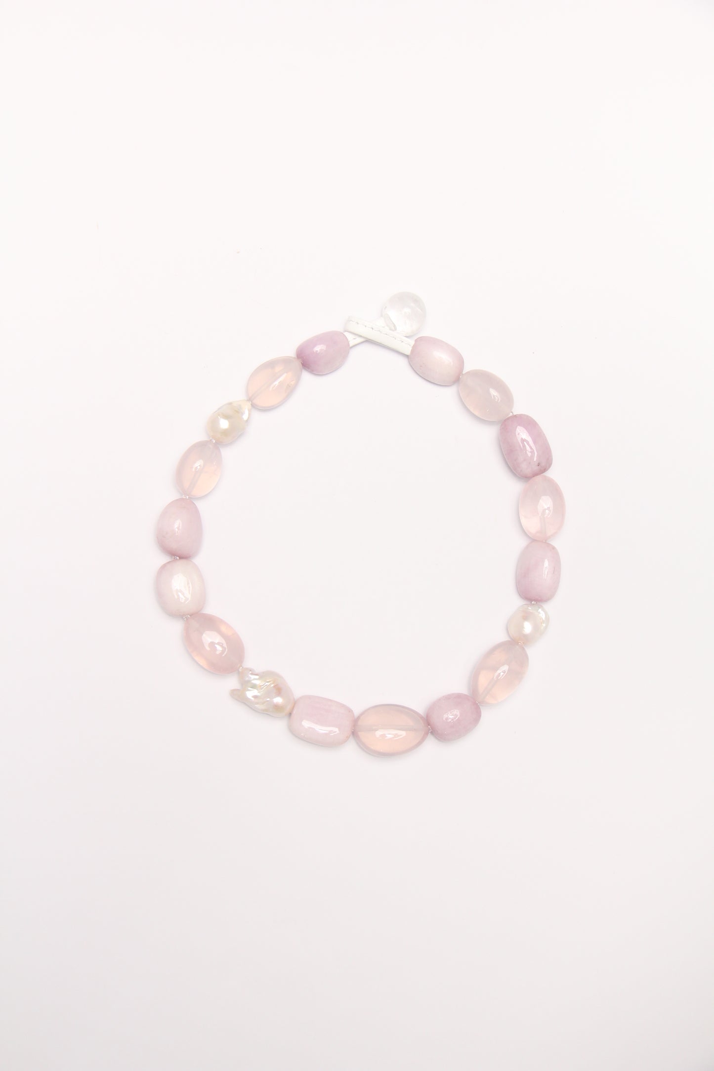 Necklace: kunzite, rose quartz, pearls