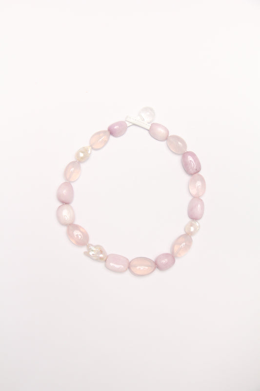 Necklace: kunzite, rose quartz, pearls