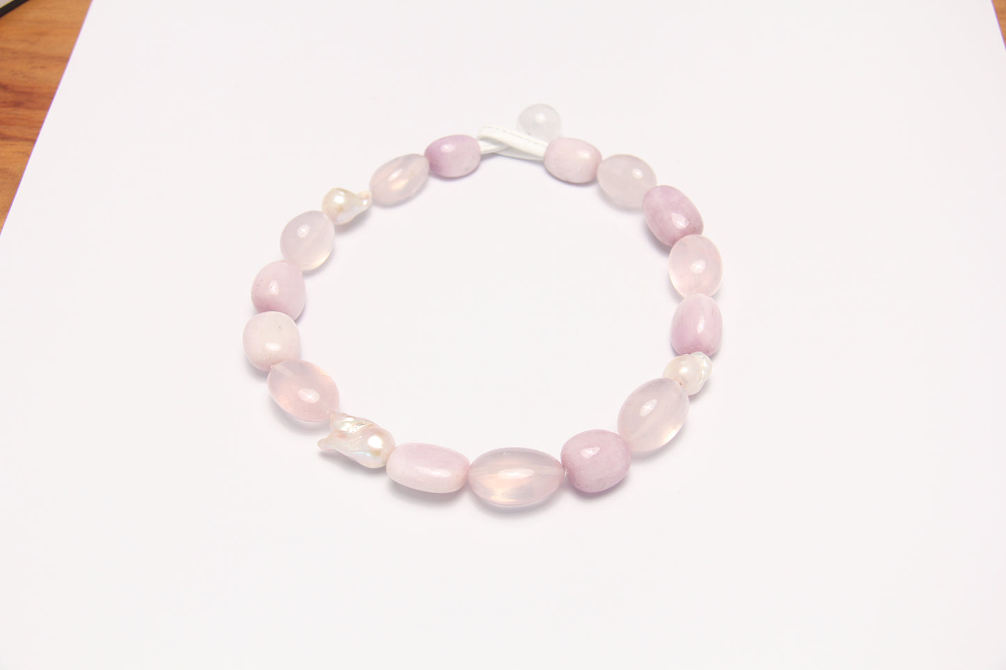 Necklace: kunzite, rose quartz, pearls