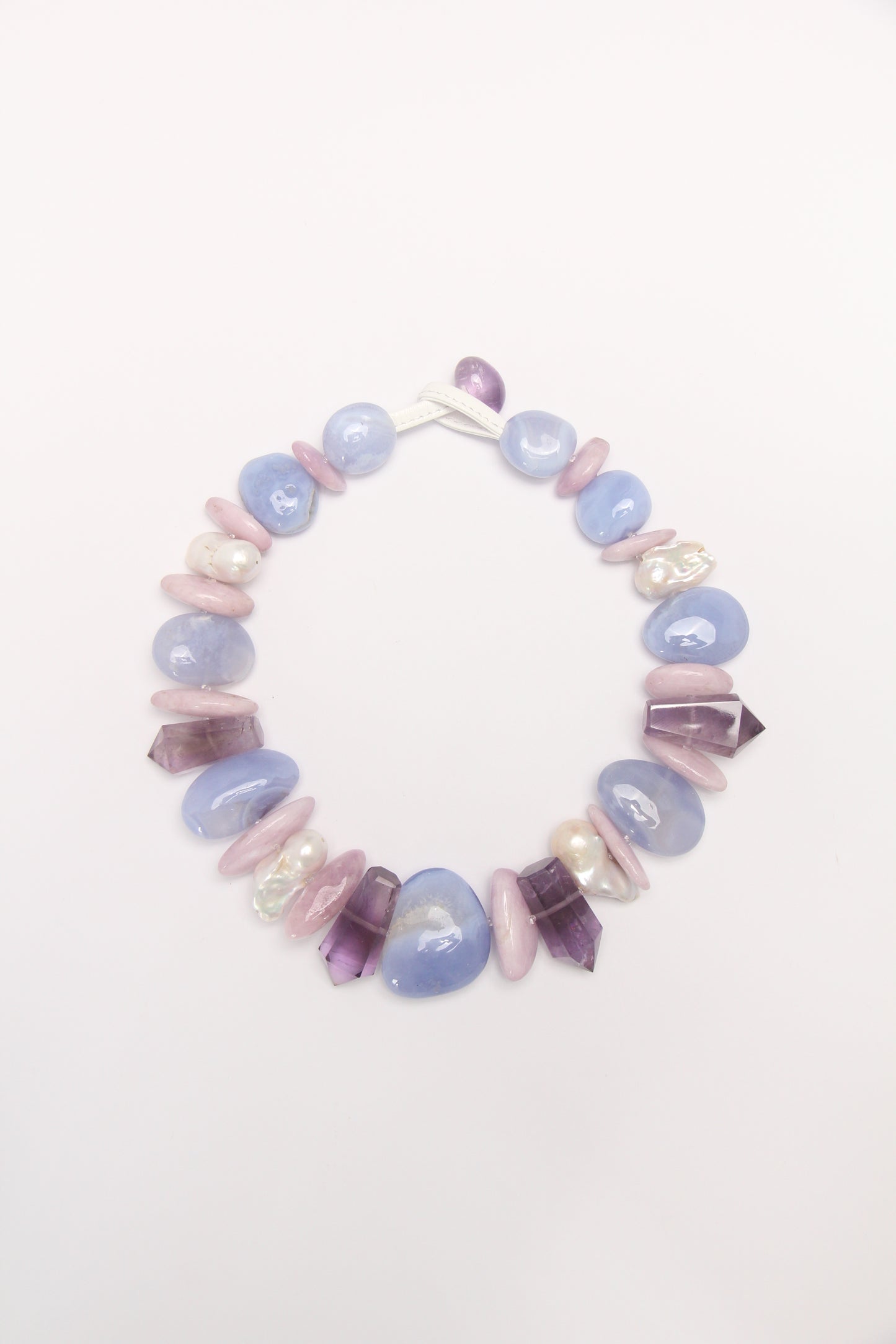 Necklace: blue lace agate,amethyst, kunzite, pearls