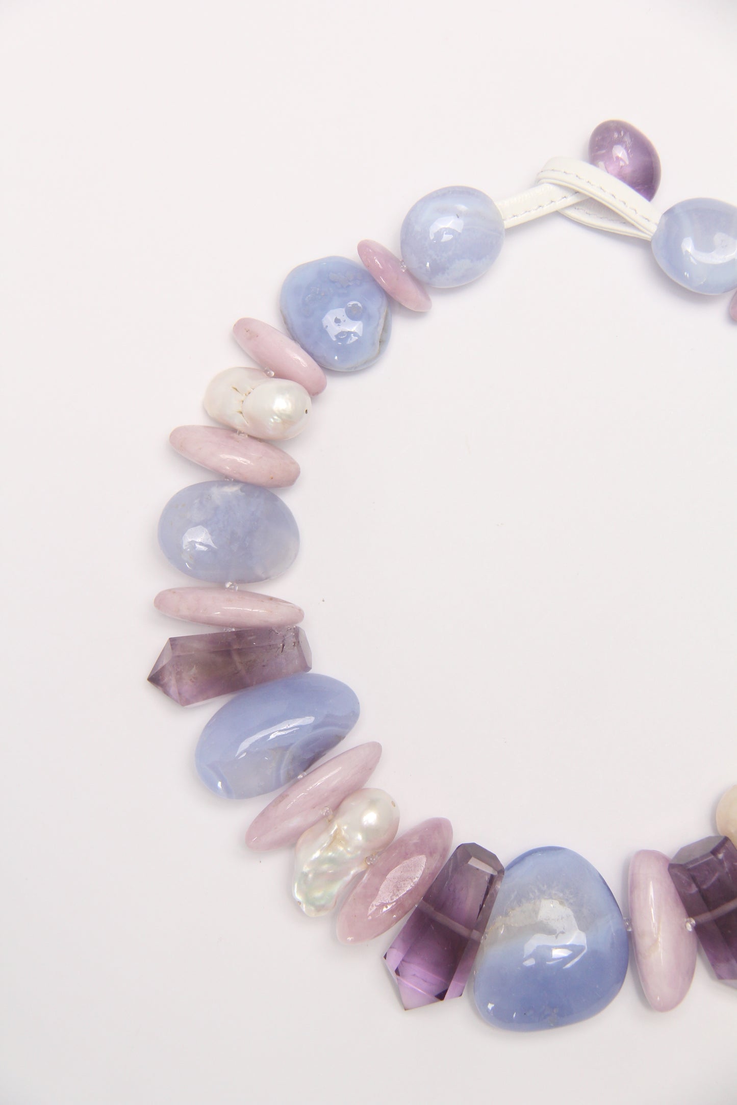 Necklace: blue lace agate,amethyst, kunzite, pearls