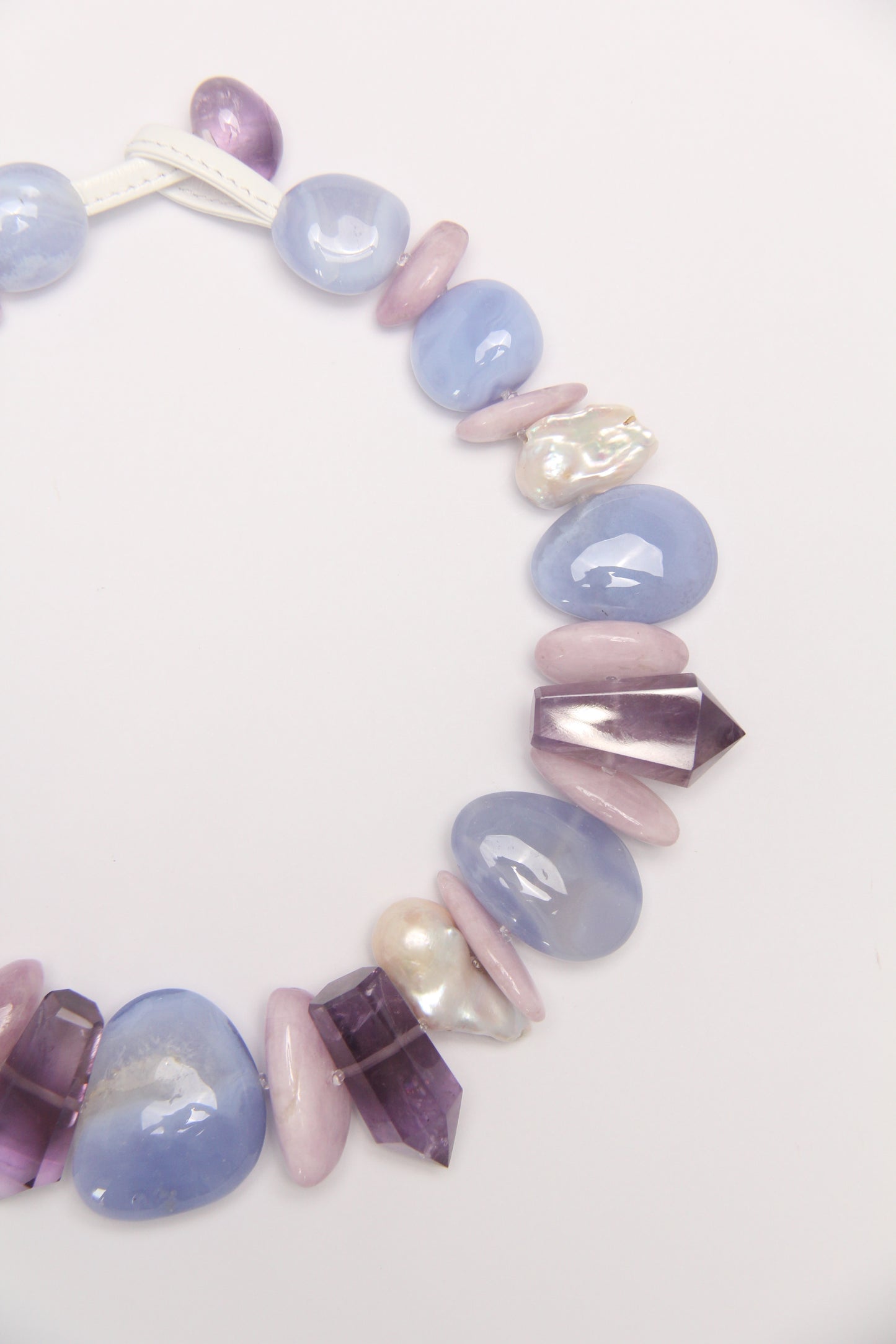 Necklace: blue lace agate,amethyst, kunzite, pearls