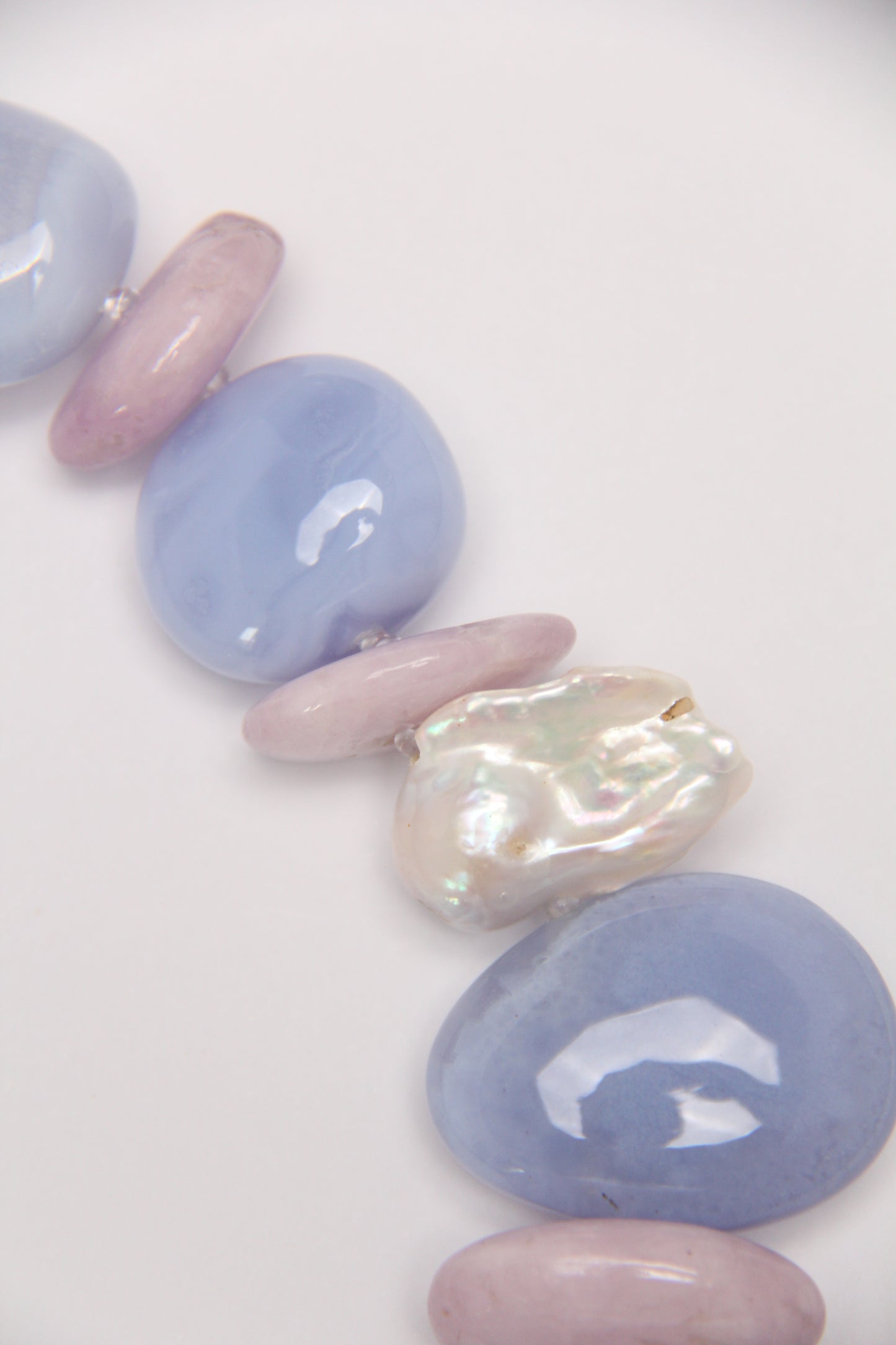 Necklace: blue lace agate,amethyst, kunzite, pearls