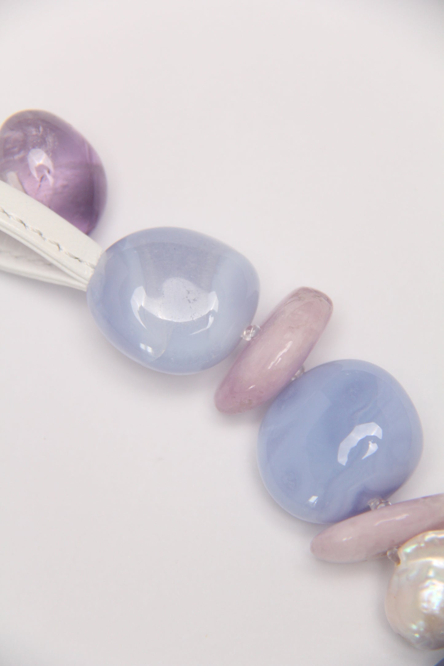 Necklace: blue lace agate,amethyst, kunzite, pearls