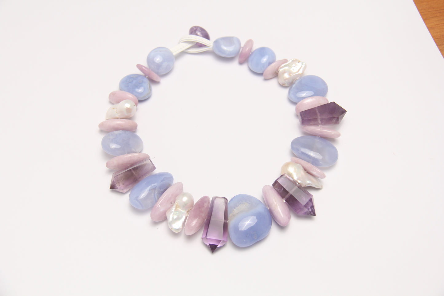 Necklace: blue lace agate,amethyst, kunzite, pearls