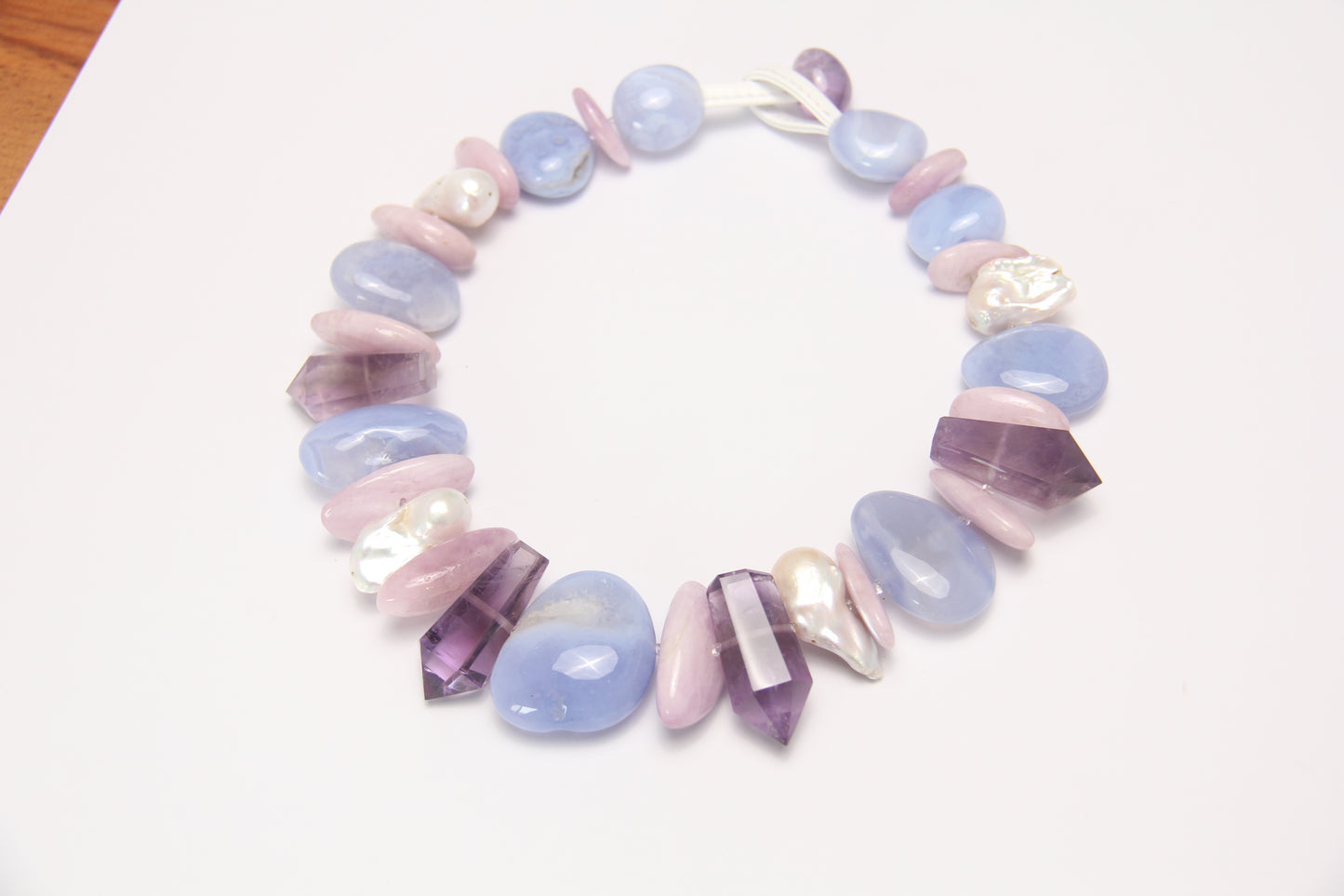 Necklace: blue lace agate,amethyst, kunzite, pearls