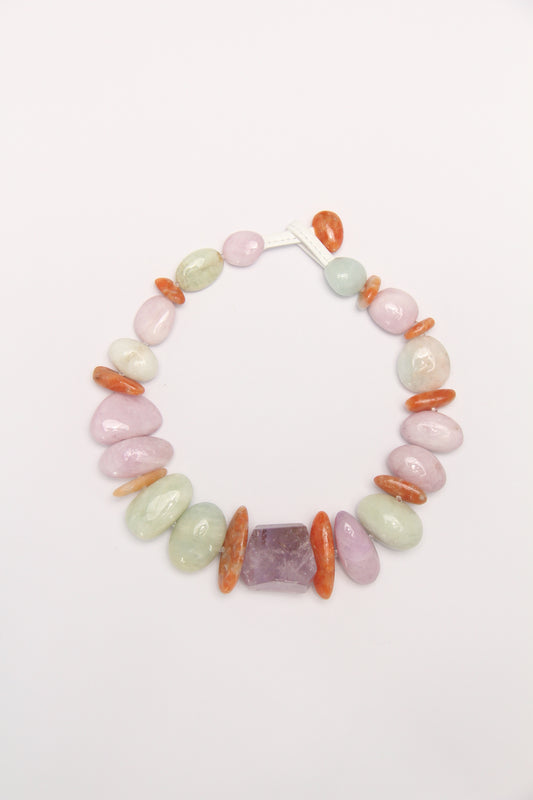 Necklace: morganite, kunzite, amethyst, calcite