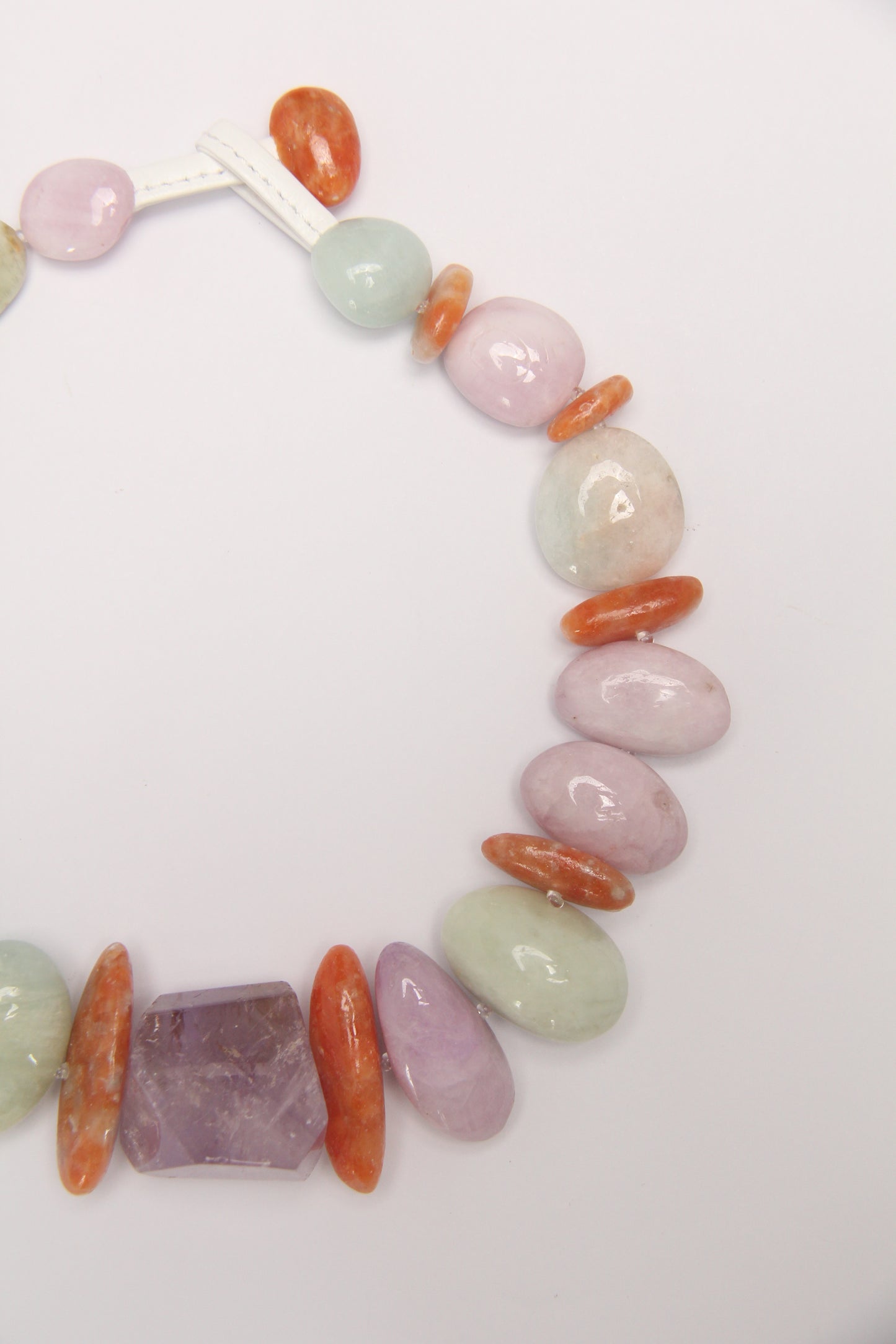 Necklace: morganite, kunzite, amethyst, calcite