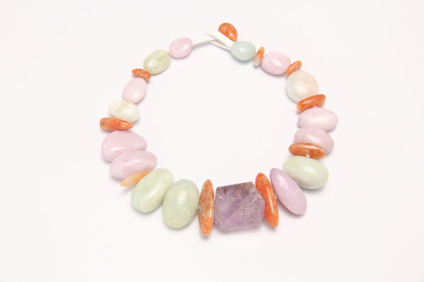 Necklace: morganite, kunzite, amethyst, calcite