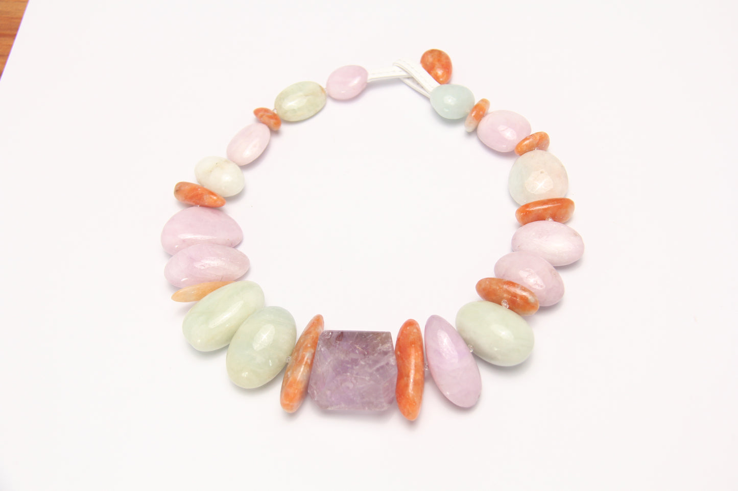 Necklace: morganite, kunzite, amethyst, calcite