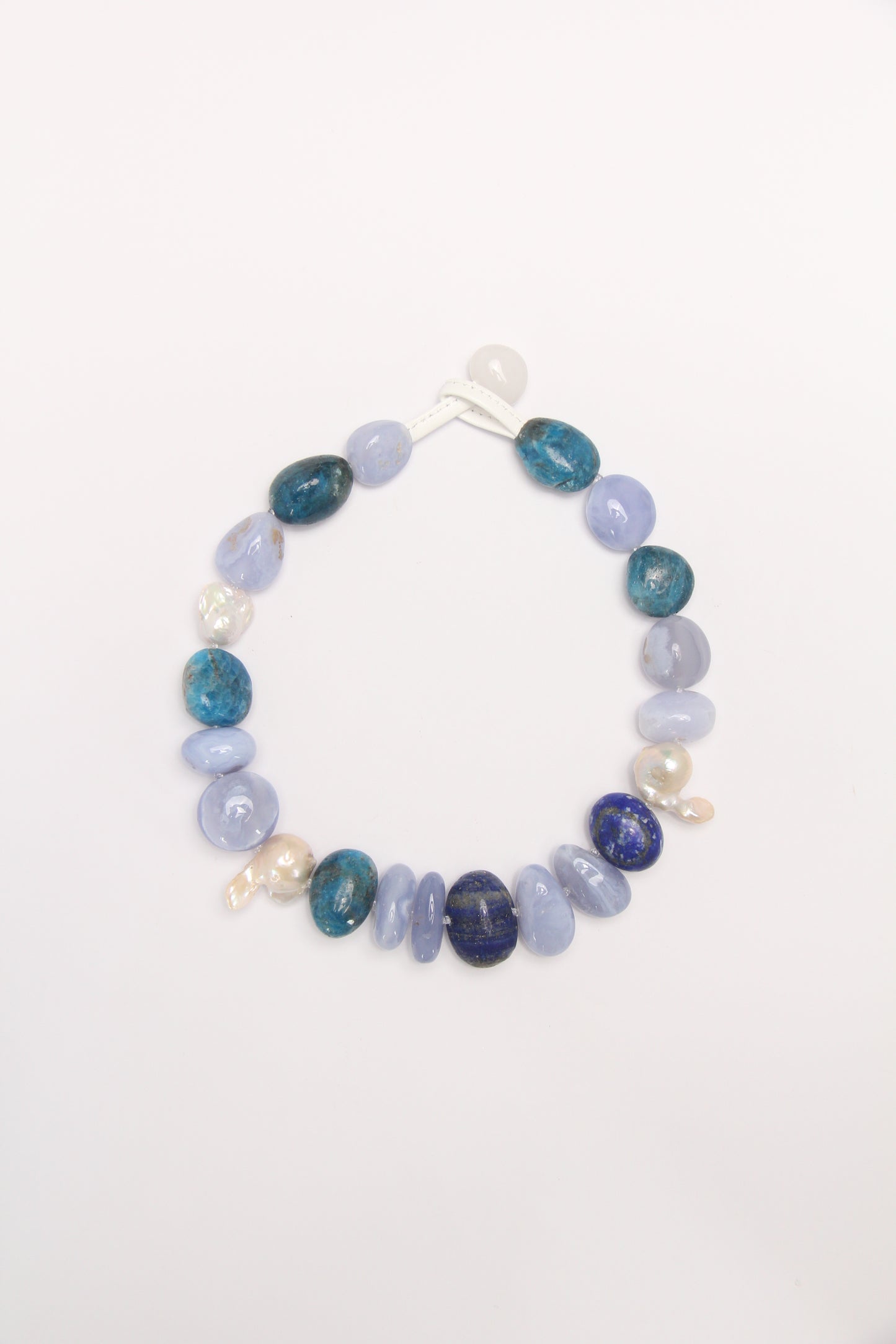 Necklace: blue lace agate, blue apatite, lapis lazuli, pearls