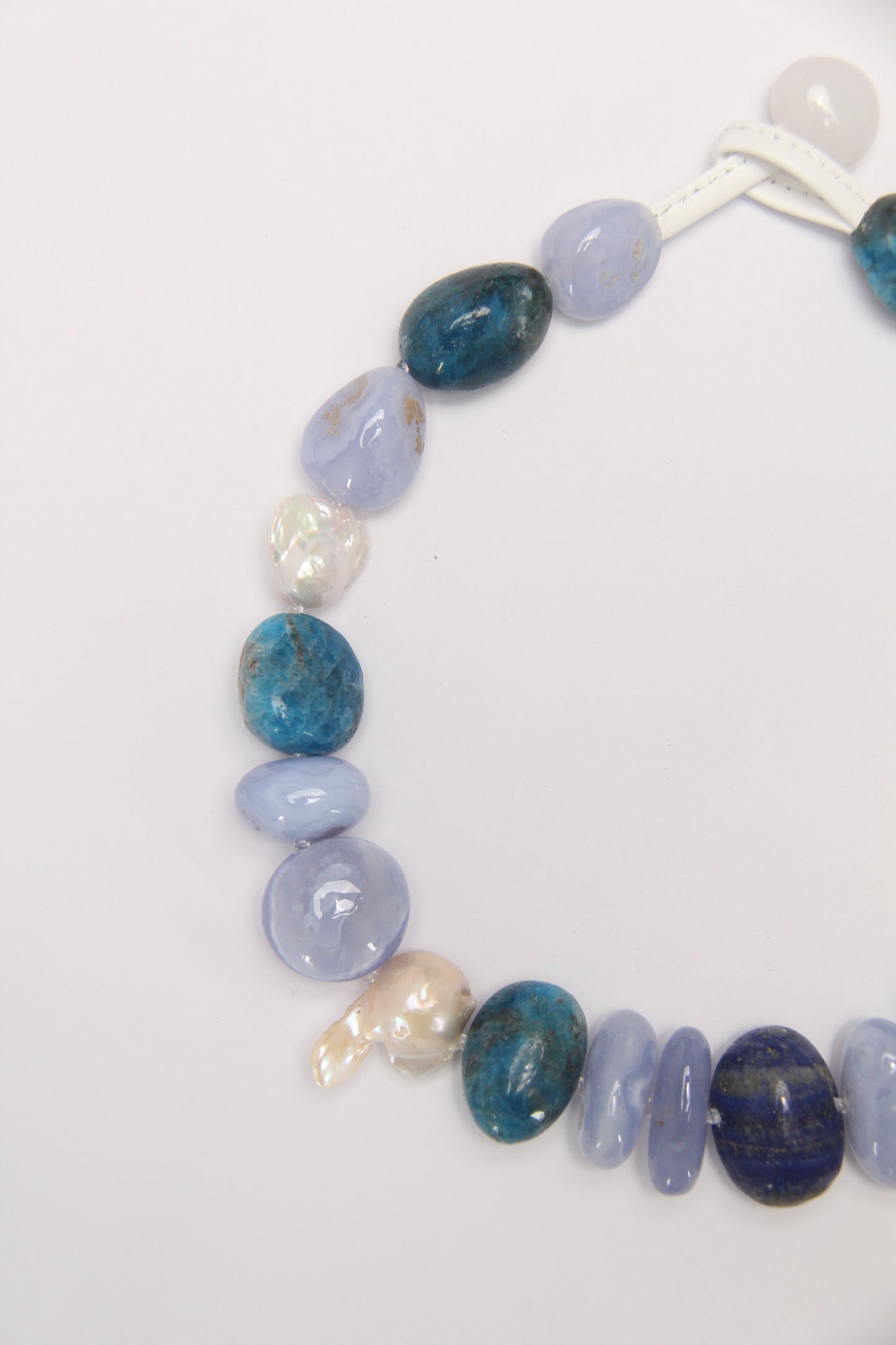 Necklace: blue lace agate, blue apatite, lapis lazuli, pearls