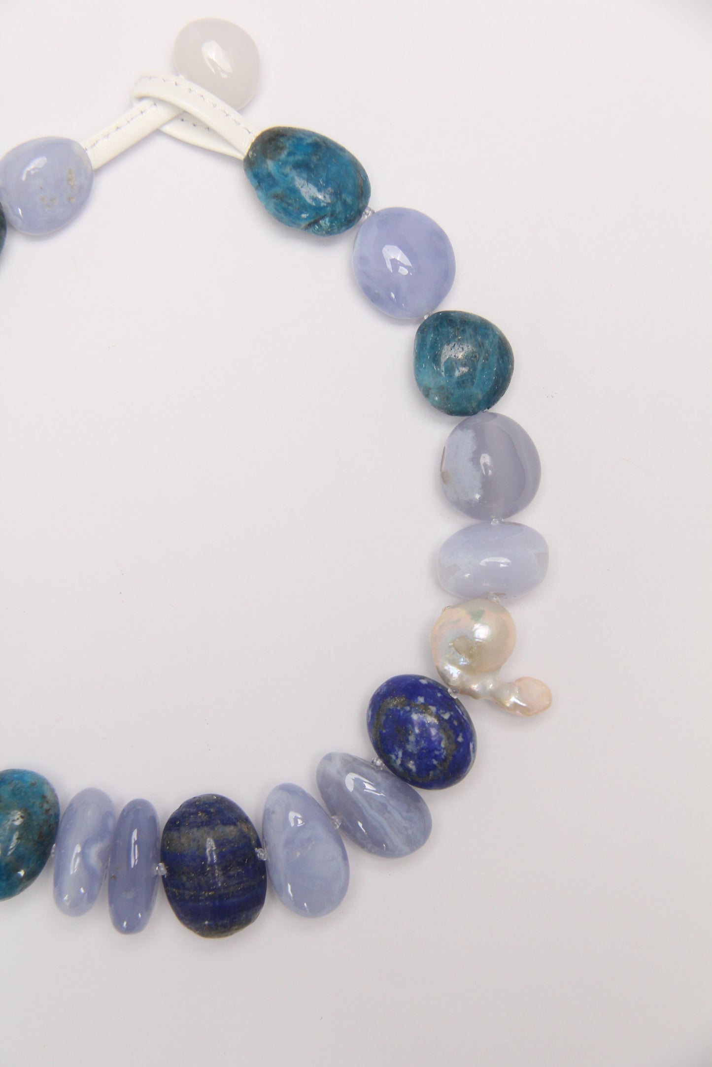 Necklace: blue lace agate, blue apatite, lapis lazuli, pearls