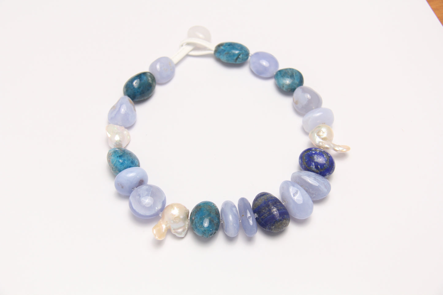 Necklace: blue lace agate, blue apatite, lapis lazuli, pearls