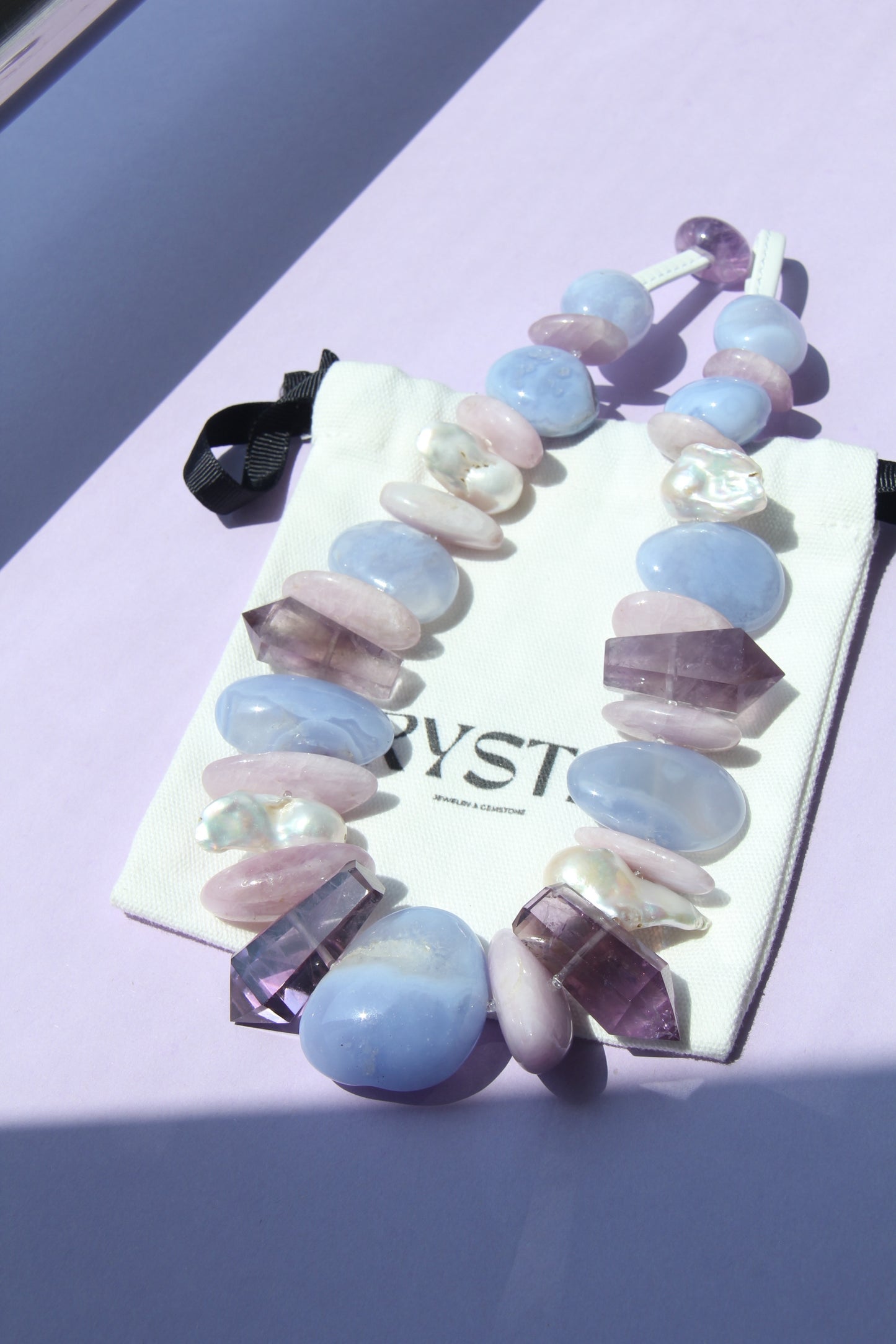 Necklace: blue lace agate,amethyst, kunzite, pearls