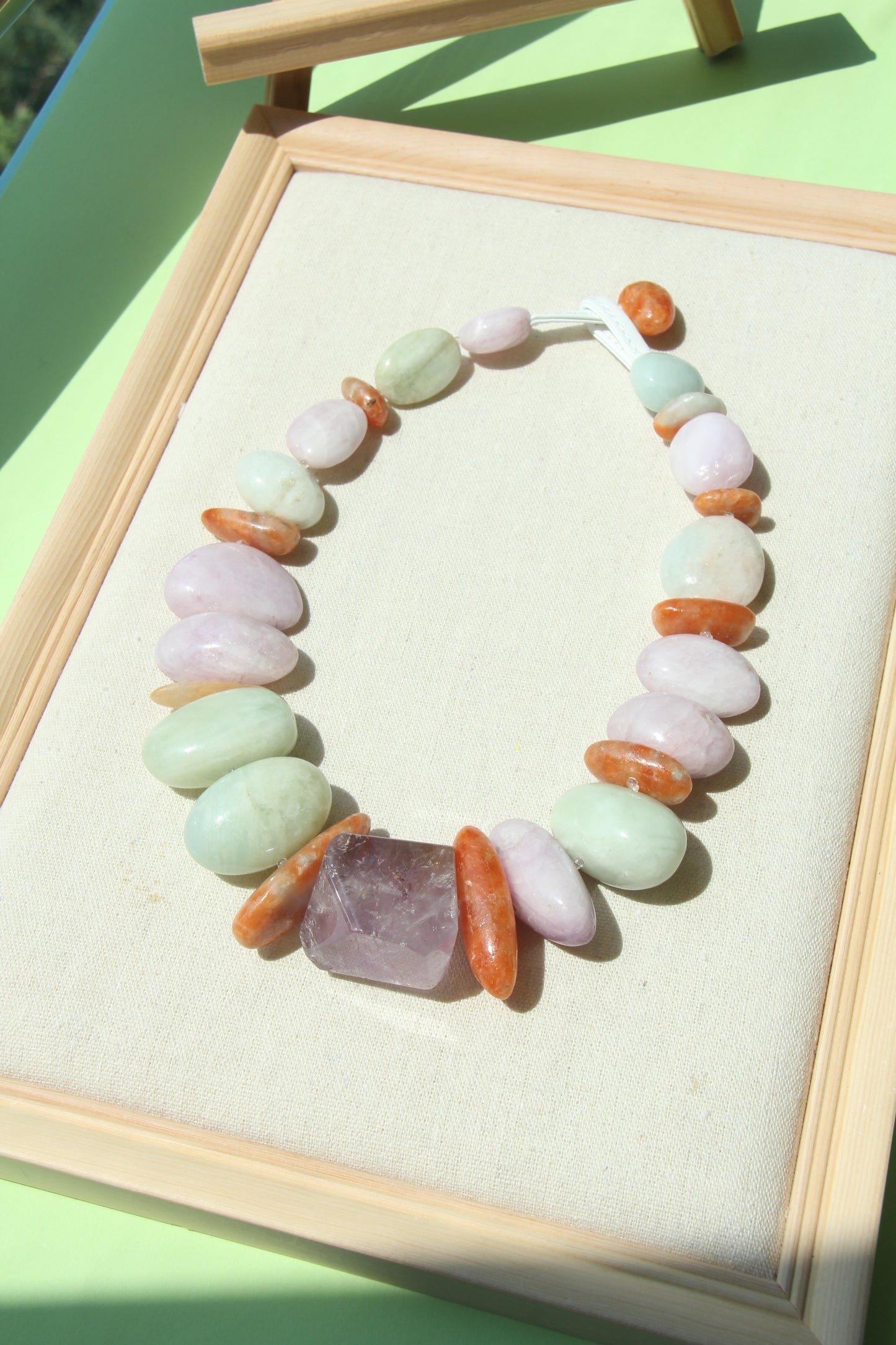 Necklace: morganite, kunzite, amethyst, calcite