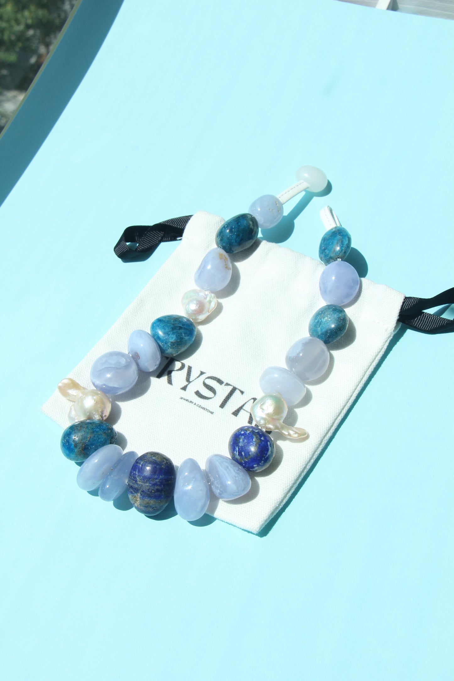 Necklace: blue lace agate, blue apatite, lapis lazuli, pearls