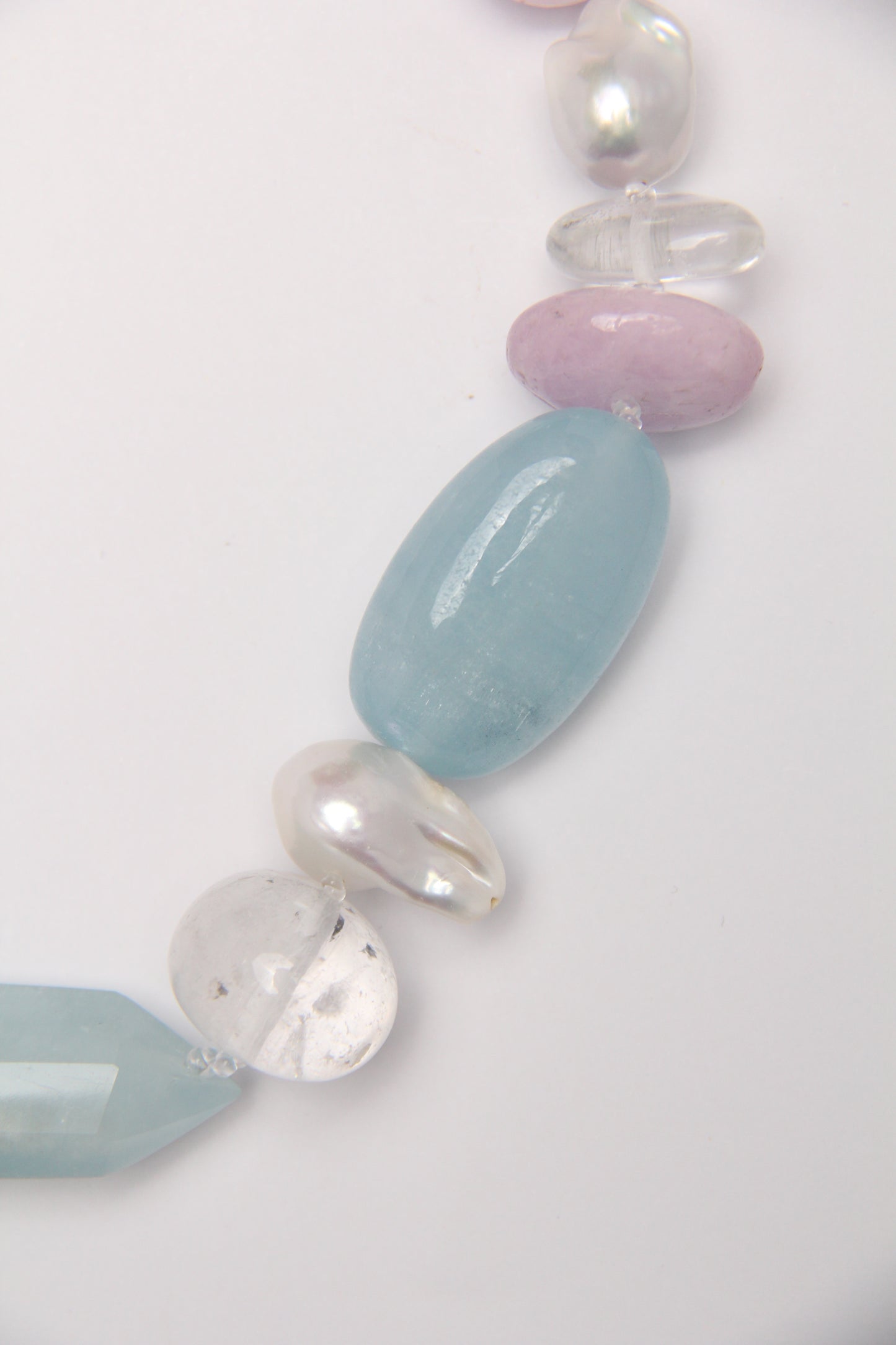 Necklace: aquamarine, kunzite, quartz, pearls