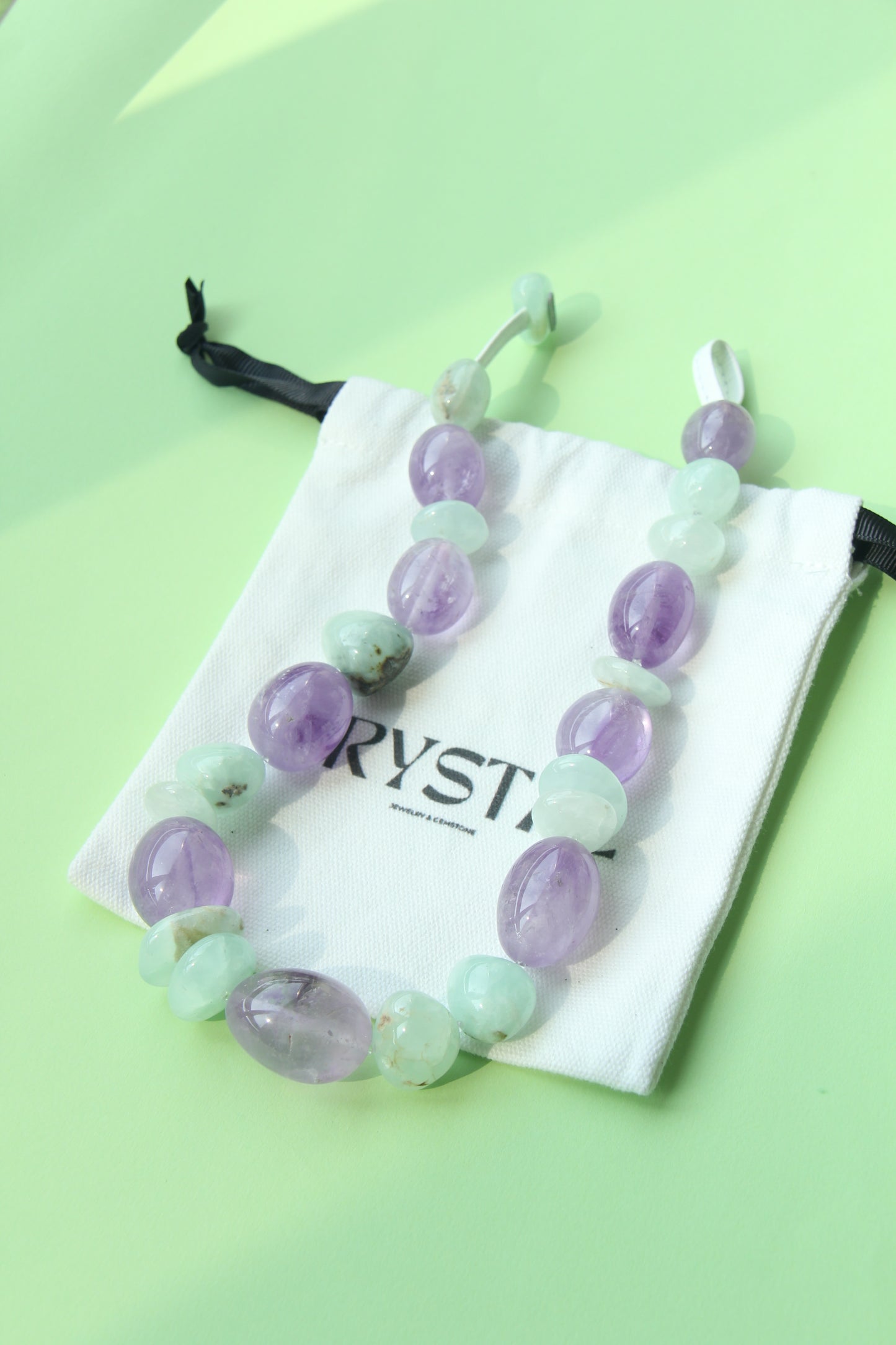 Necklace: amethyst, prehnite