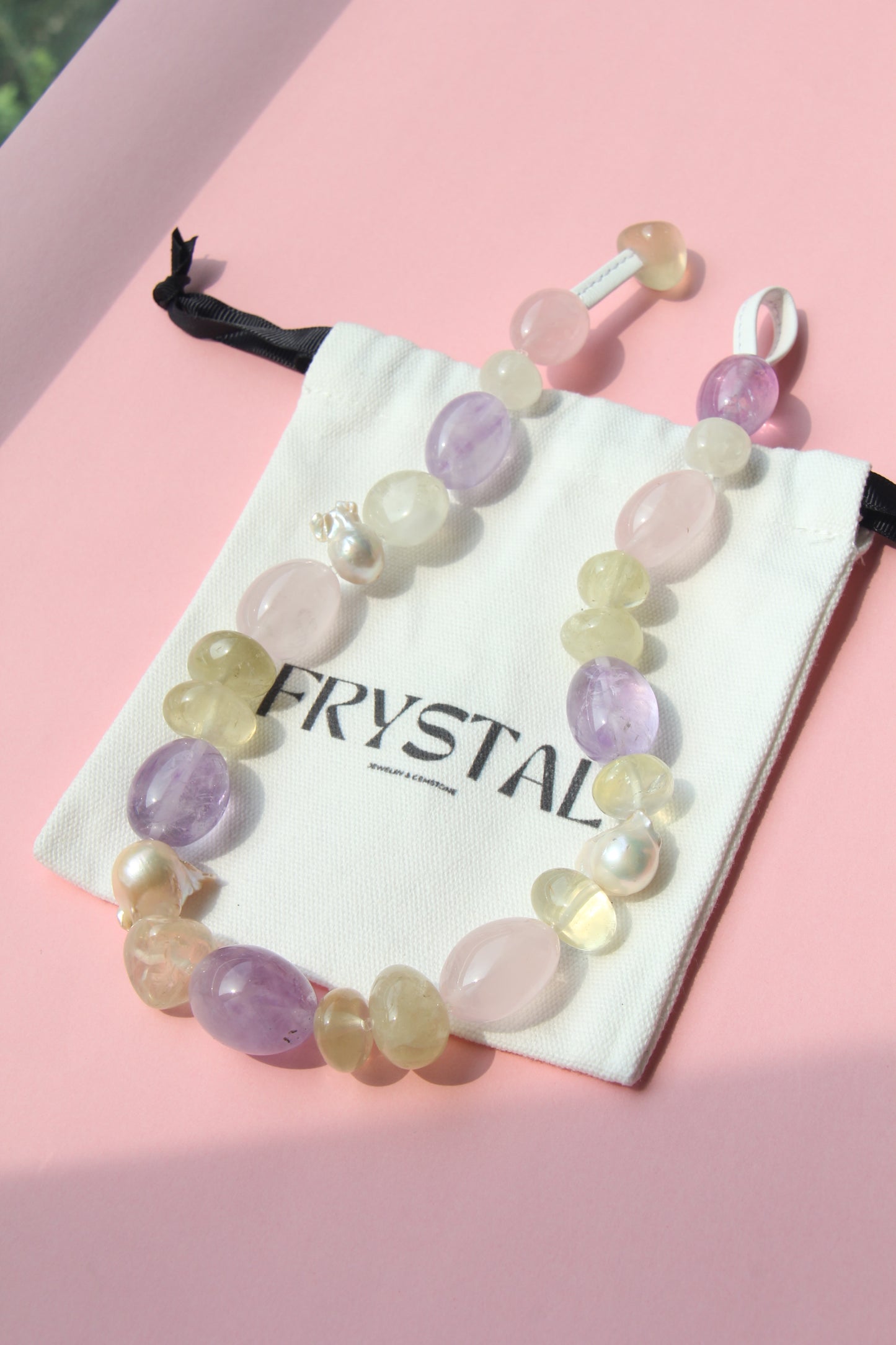 Necklace: amethyst, rose quartz, citrine, pearls