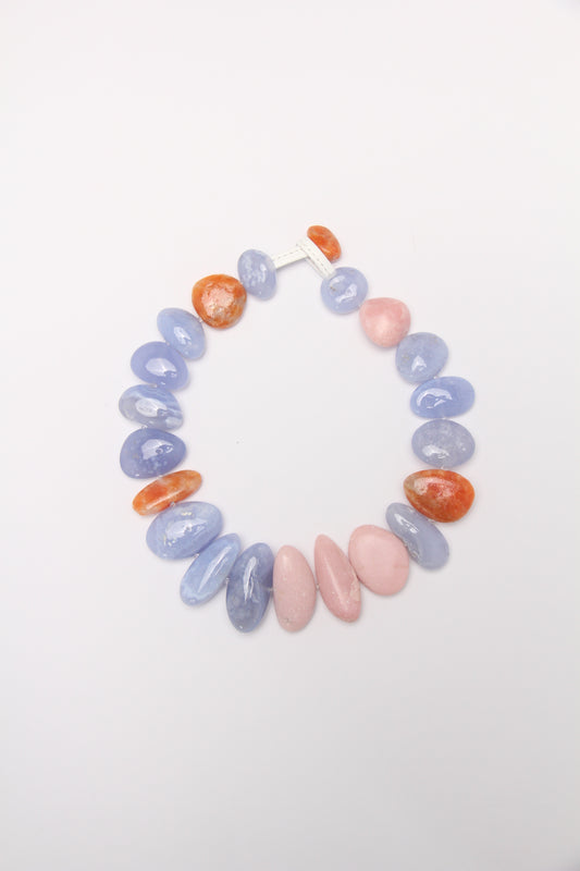 Necklace: blue lace agate, pink opal, calcite