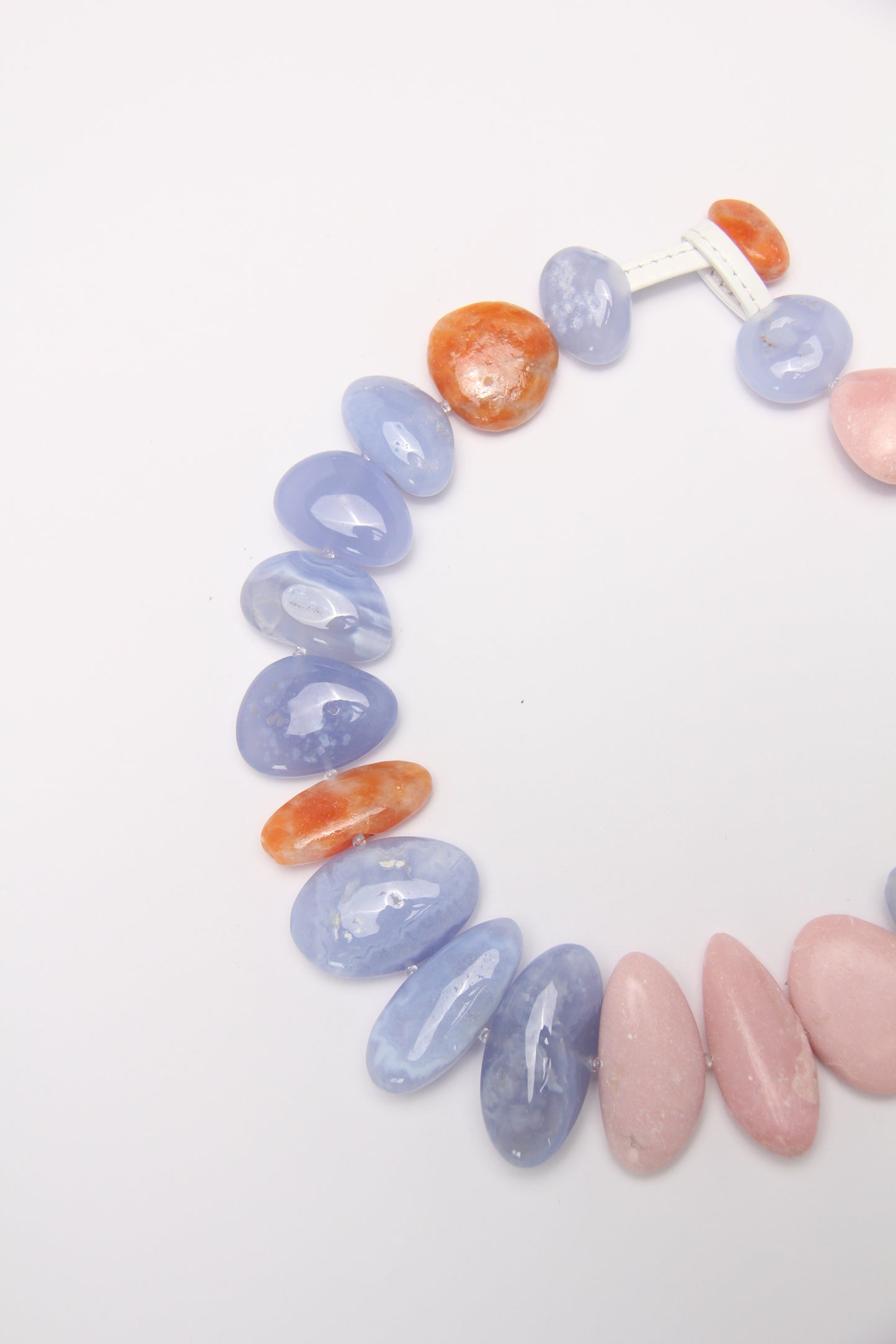 Necklace: blue lace agate, pink opal, calcite