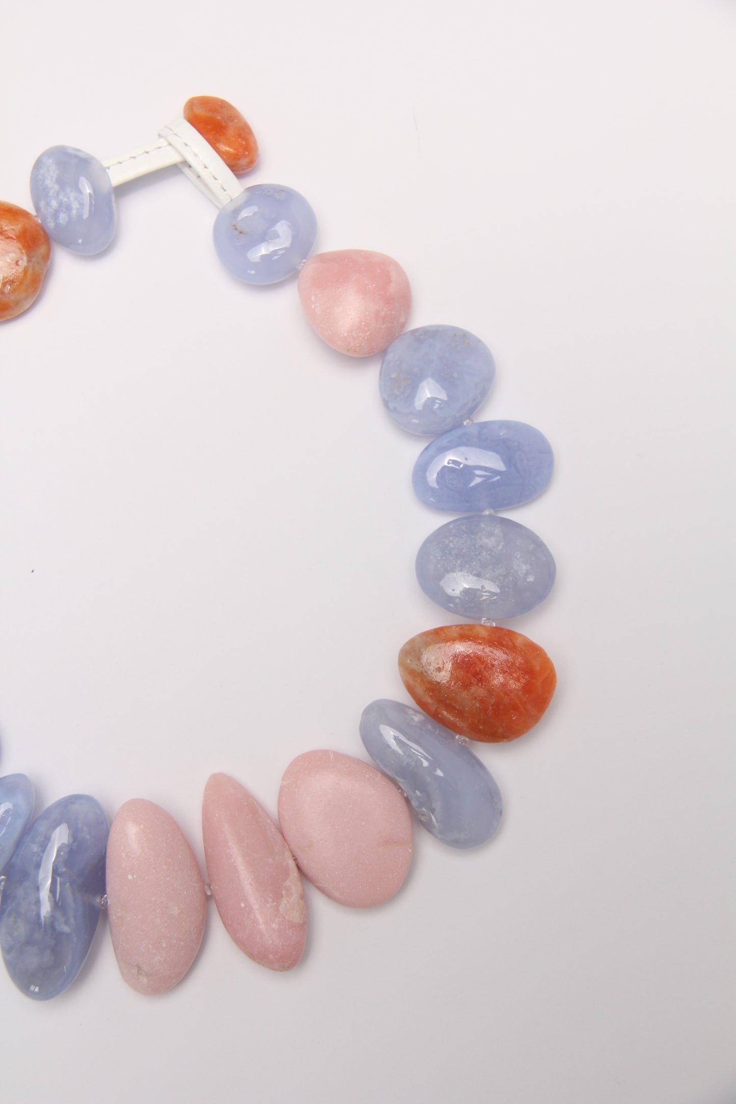 Necklace: blue lace agate, pink opal, calcite