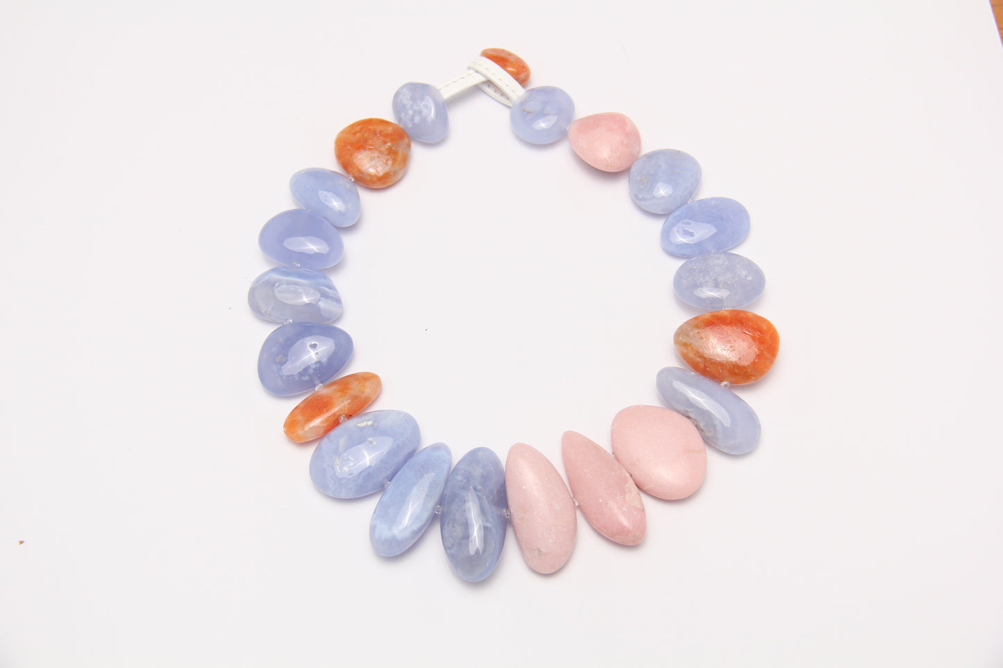 Necklace: blue lace agate, pink opal, calcite