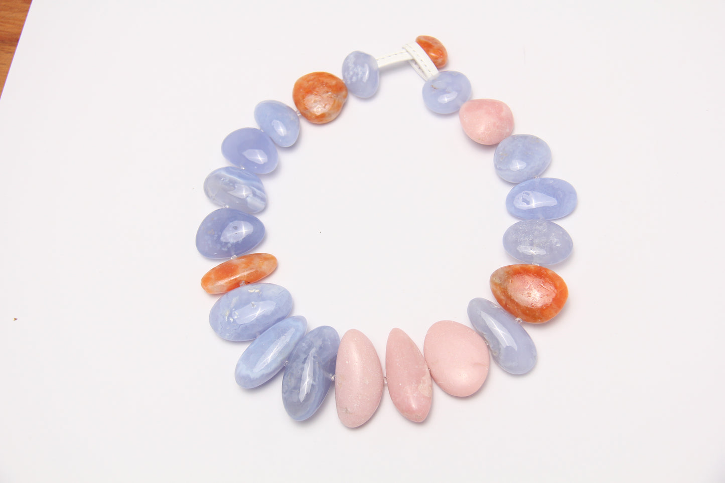 Necklace: blue lace agate, pink opal, calcite